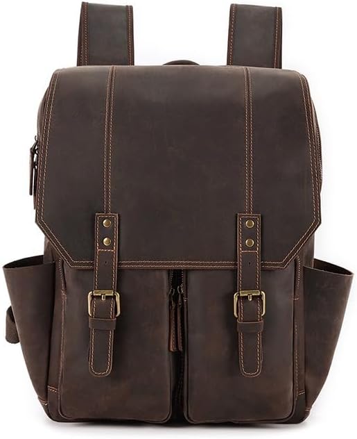 Men's Genuine Leather Backpack Casual Daypack Travel Hiking Laptop Bag Cowhide Business Briefcase Gift Box (Coffee)