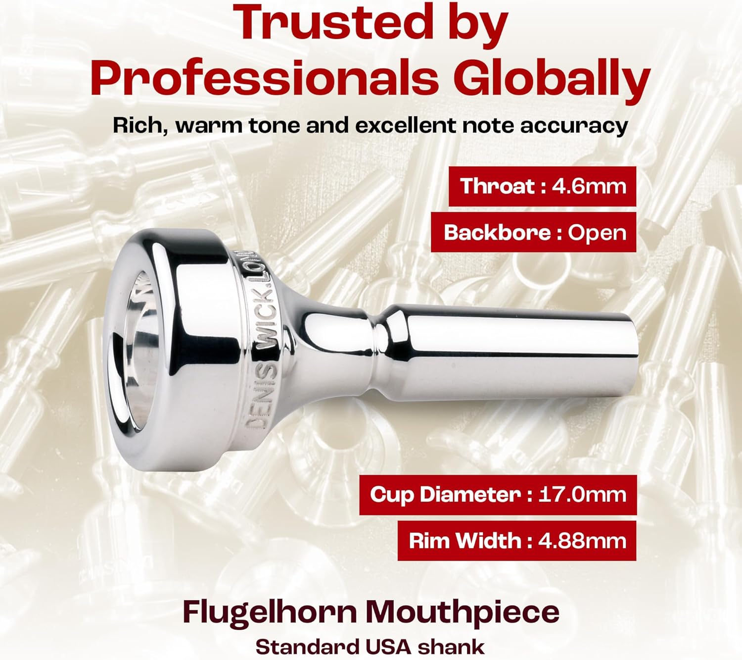 Denis Wick Classic Flugelhorn Mouthpiece Silver Plated, 5884-2FL - Open Backbore for Balanced Airflow & Tone - Large Shank Flugelhorn Accessories for Easy Articulation 17 x 4.92 x 4.6mm