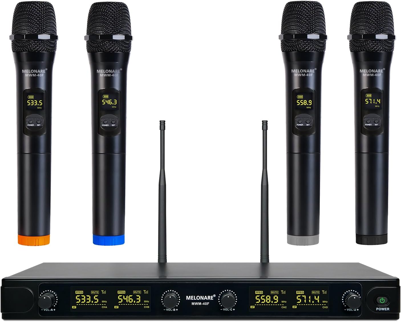 UHF Wireless Microphone System, Quad-Channel Wireless Mic Set w/ 4 Handheld Mics, 260 ft, 4X 25 Frequencies, Dynamic Microphones for Singing, Home Karaoke, DJ, Church, Wedding (MWM-40F)