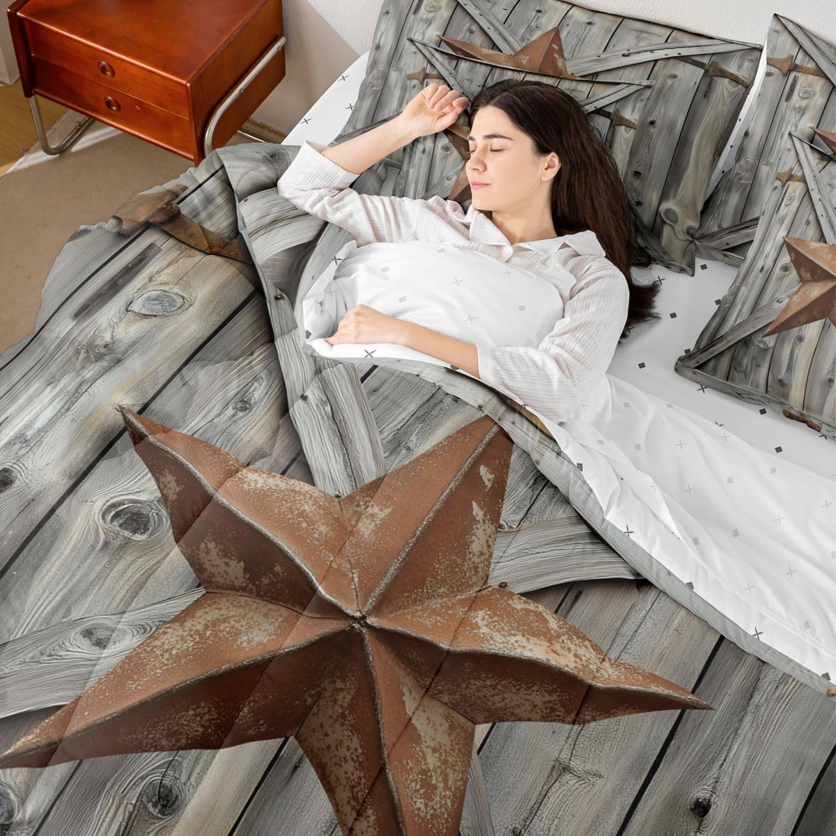Feelyou Texas Star Comforter Set 7 Pieces Queen Size Wood Barn Door Bedding Set for Kids Teens Adults Vintage Farmhouse Bed in a Bag 7Pcs,Comforter + Sheets + Pillowcases + Cushion Covers