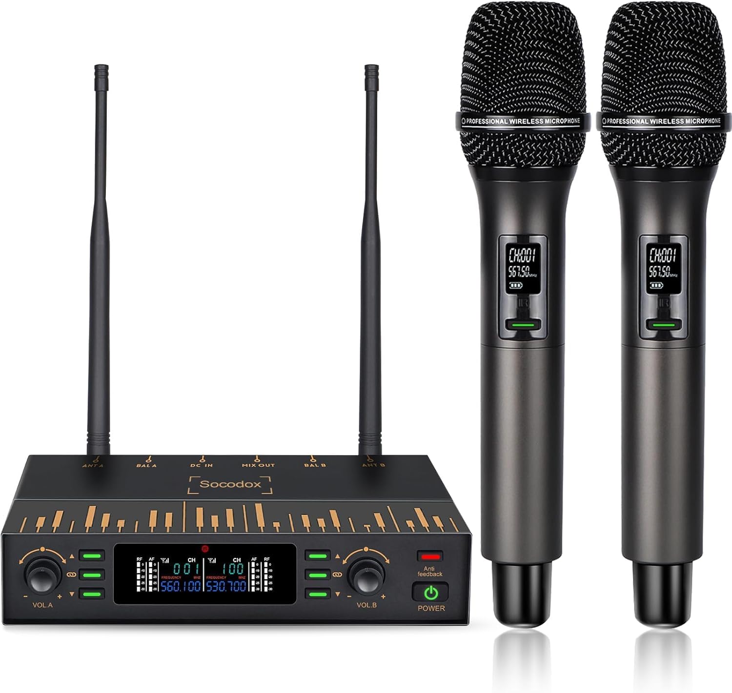 Wireless Microphone System, UHF Professional Karaoke Mic With Feedback Suppression, Auto Scan & Pair, Reverb - 262ft Range, 2x100 Dual Metal Dynamic Cordless Microphones for Church/Wedding/DJ/Meeting