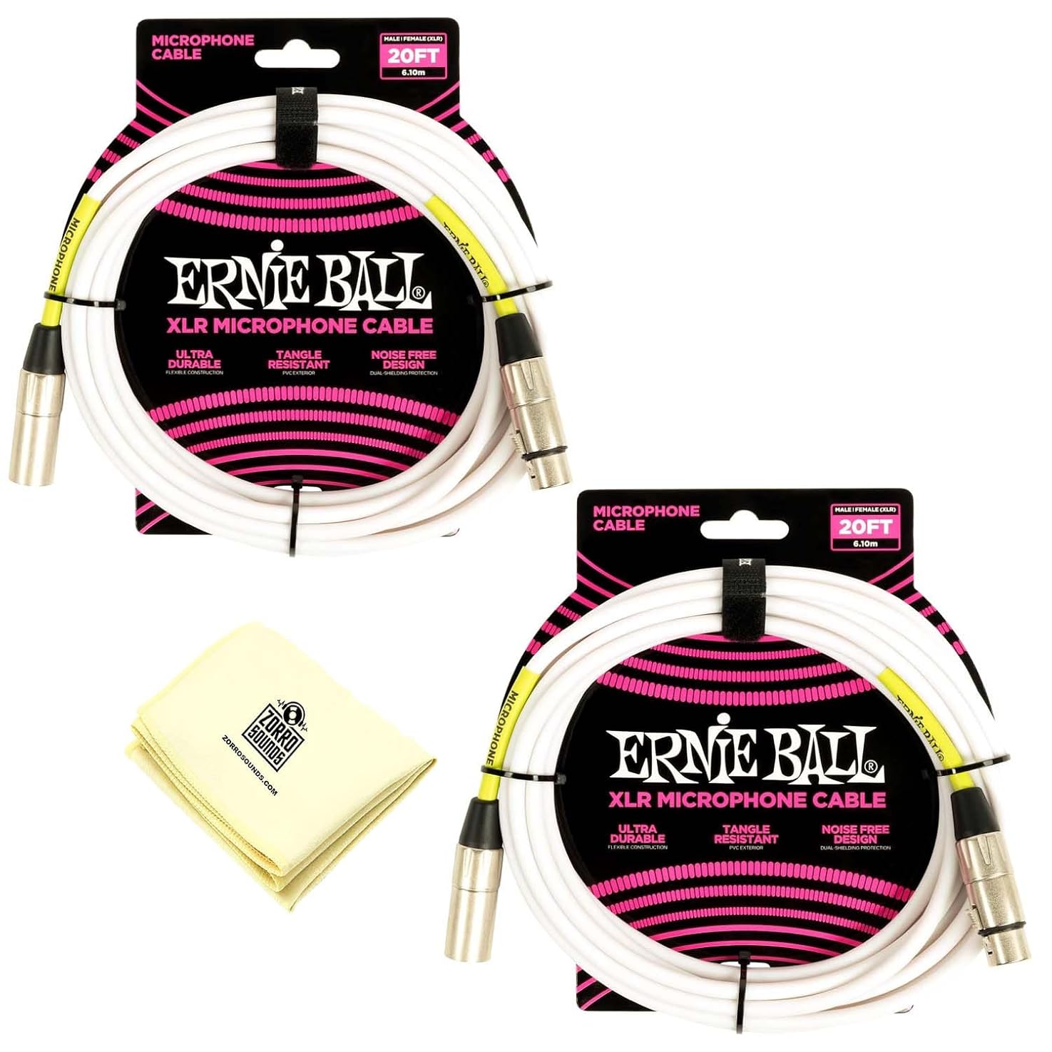 Ernie Ball XLR Microphone Cable with Zorro Polishing/Cleaning Cloth (20 Feet) Pack of 2 P06389