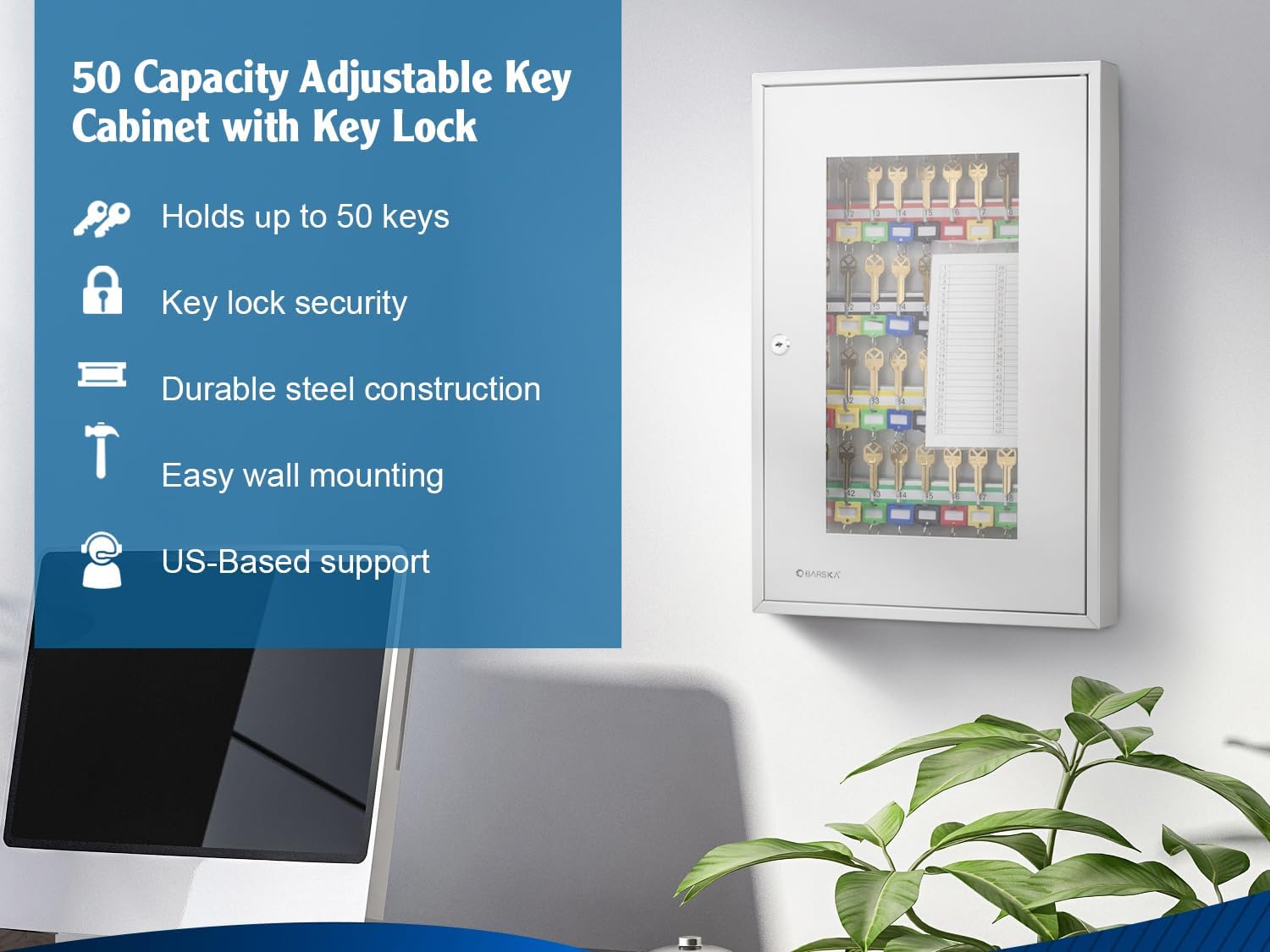 Barska Key Lock Box with Glass Door – Wall Mount Steel Key Cabinet Organizer with Labeled Hooks and Colored Key Tags for Home, Office, Property Management