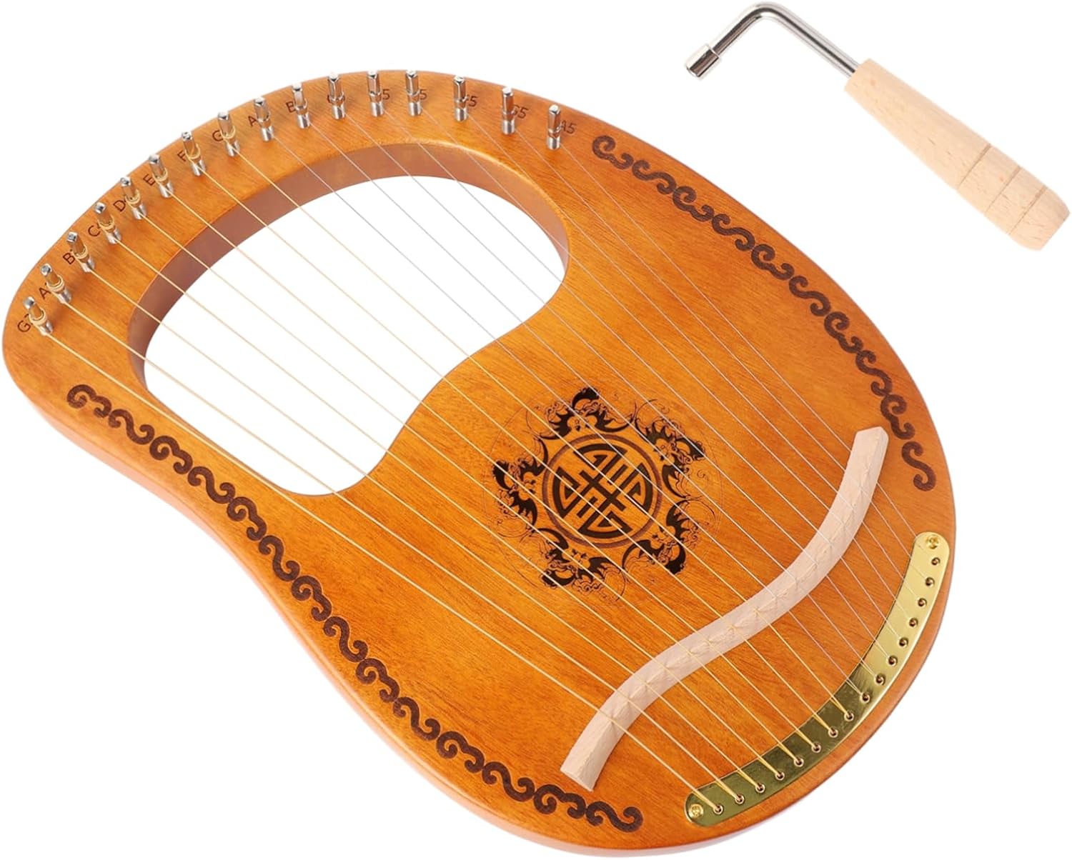 FAVOMOTO String Lyre Harp Portable Ancient Style Music Instrument for Beginners Made of Okoume Wood Includes Tuning Wrench and Decorative Patterns for Musicians and Music