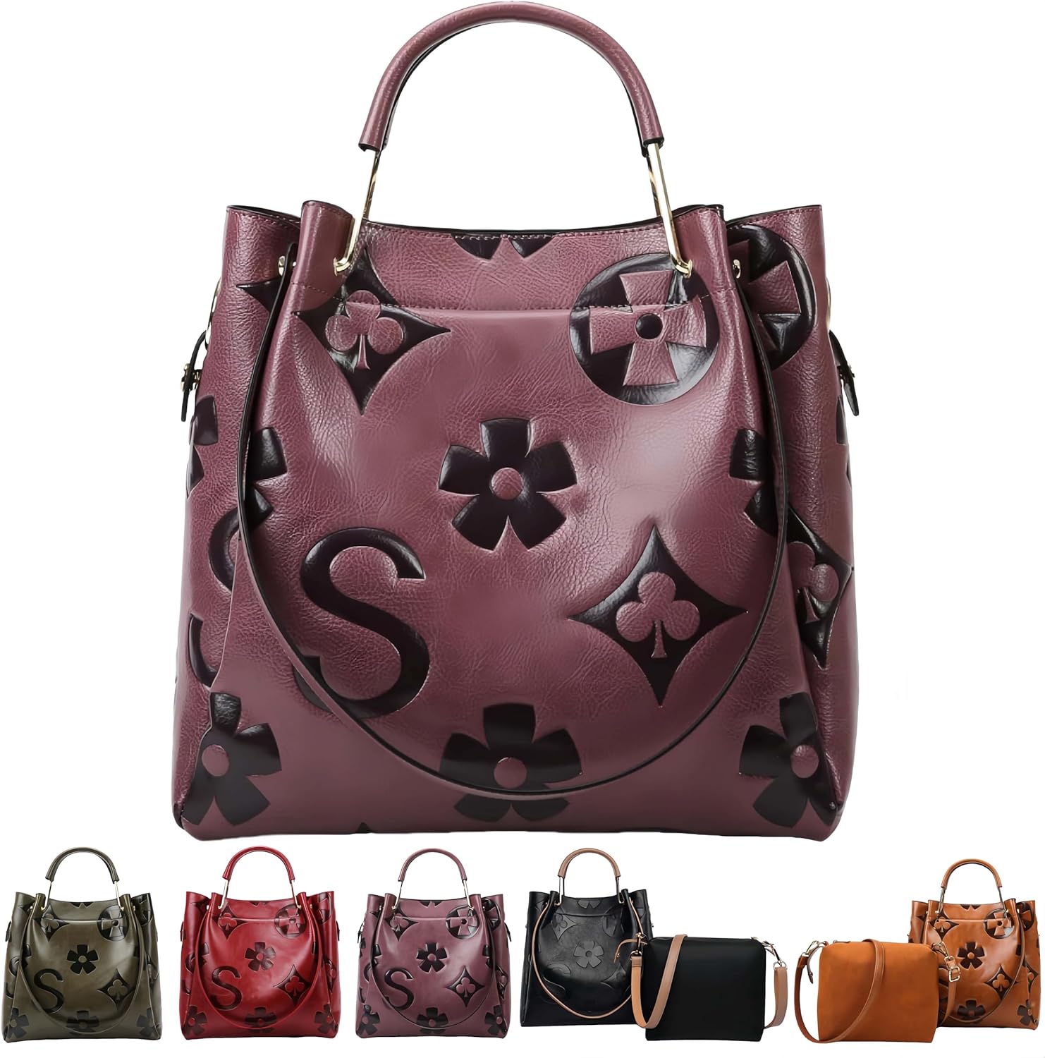 Women Large Tote Bag with Pouch Set of 2 Trendy Retro Floral Embossed Shoulder Handbag Crossbody Bucket Purse Fashion