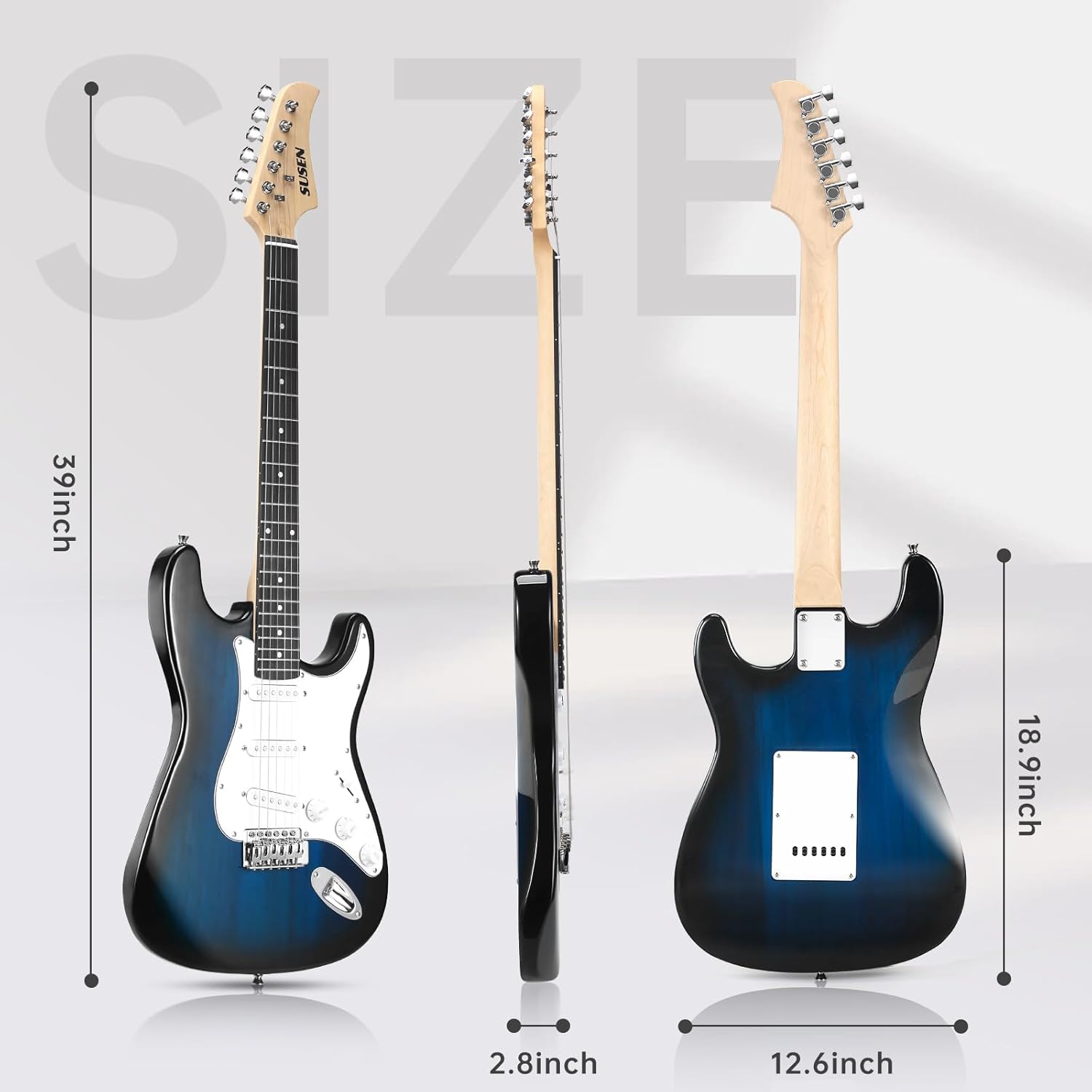 Susen 39”Inch Solid Full Size Electric Guitar Beginner Kit,Electric Guitar Starter Kit,S-S-S Pickups With 5W Amp,Strings, Pick,Tremolo Bar,Bag,Strip,Tuner.Cable,Blue