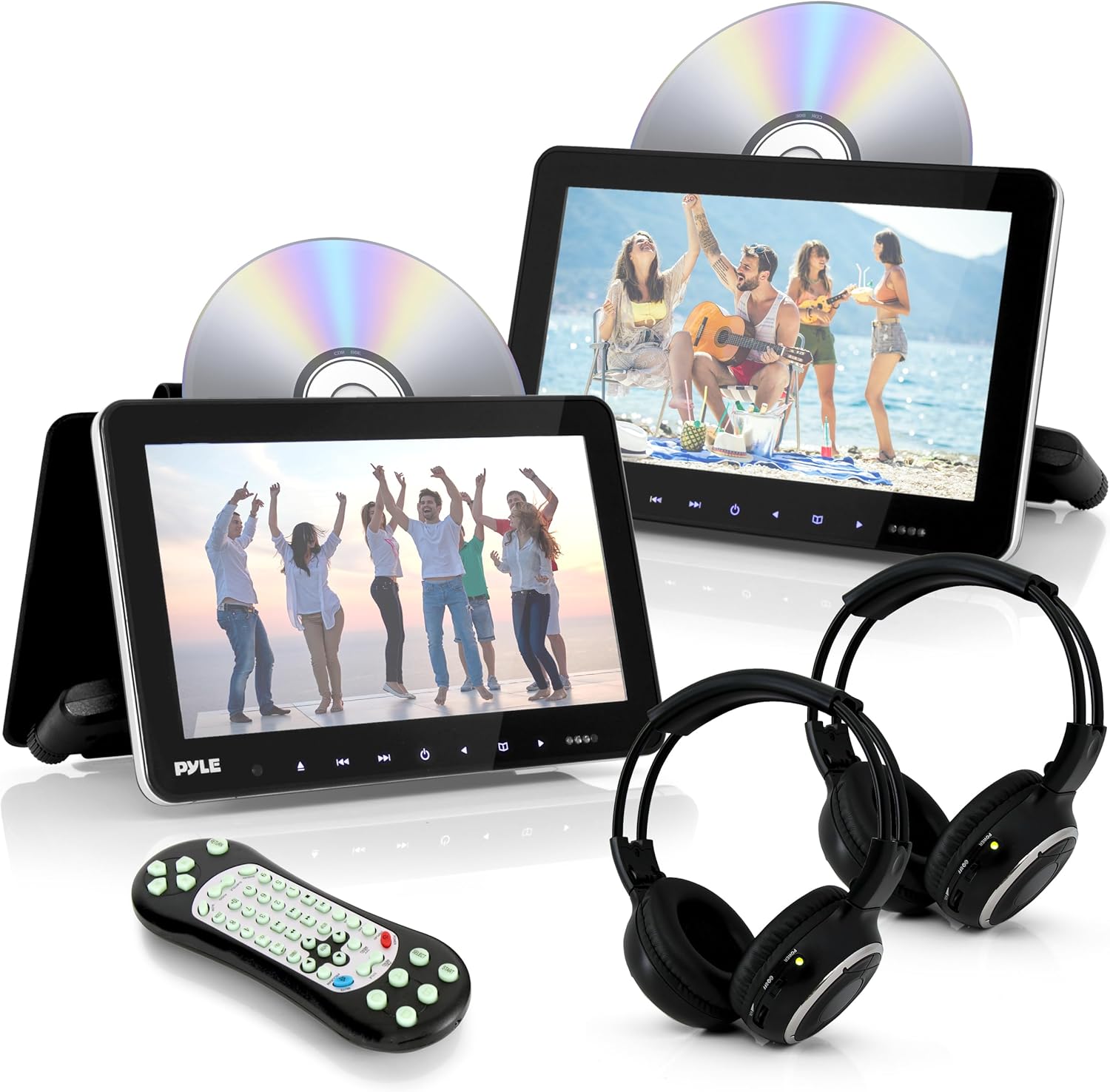 Pyle Universal Dual Vehicle Headrest Monitor - 10.5” Multimedia CD and DVD Player Audio Entertainment w/ Stereo Speaker, HDMI, LCD Screen, Mount and Wireless Headphones for Car Seat PLHRDVD108KT