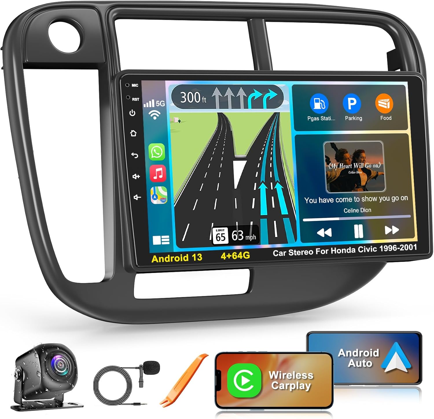 5G WiFi Car Radio for Honda Civic 1996-2001 with Wireless Carplay & Android Auto, 4+64GB Android 13 Civic Screen with Voice Control Bluetooth 5.2 FM SWC DSP EQ GPS Backup Camera Mirror Link