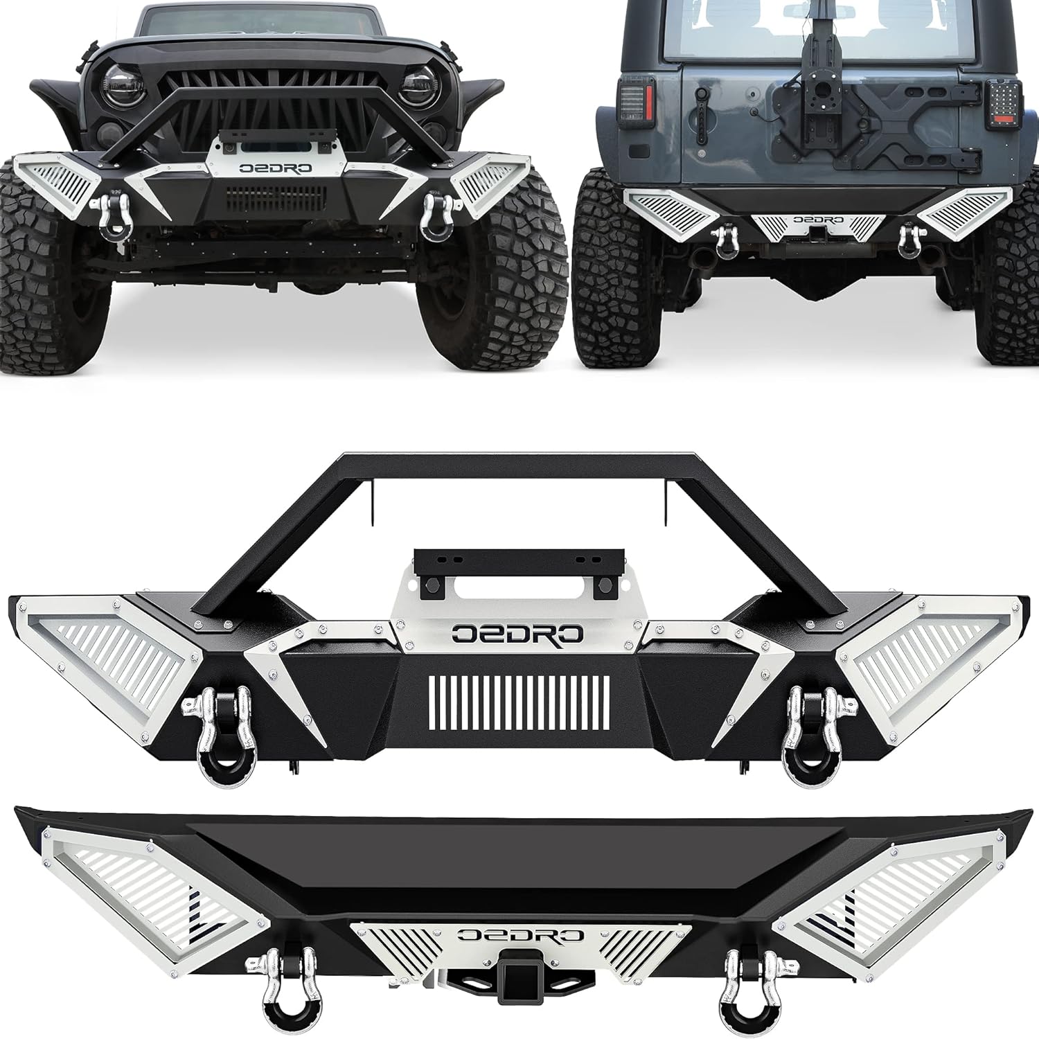 OEDRO Front and Rear Bumper Fit 2007-2018 Jeep Wrangler JK & Unlimited JKU (2/4 Doors), Full Width Off Road Bumper w/D-Rings & Winch Plate Mounting & Paintable Armor & Hitch Receiver