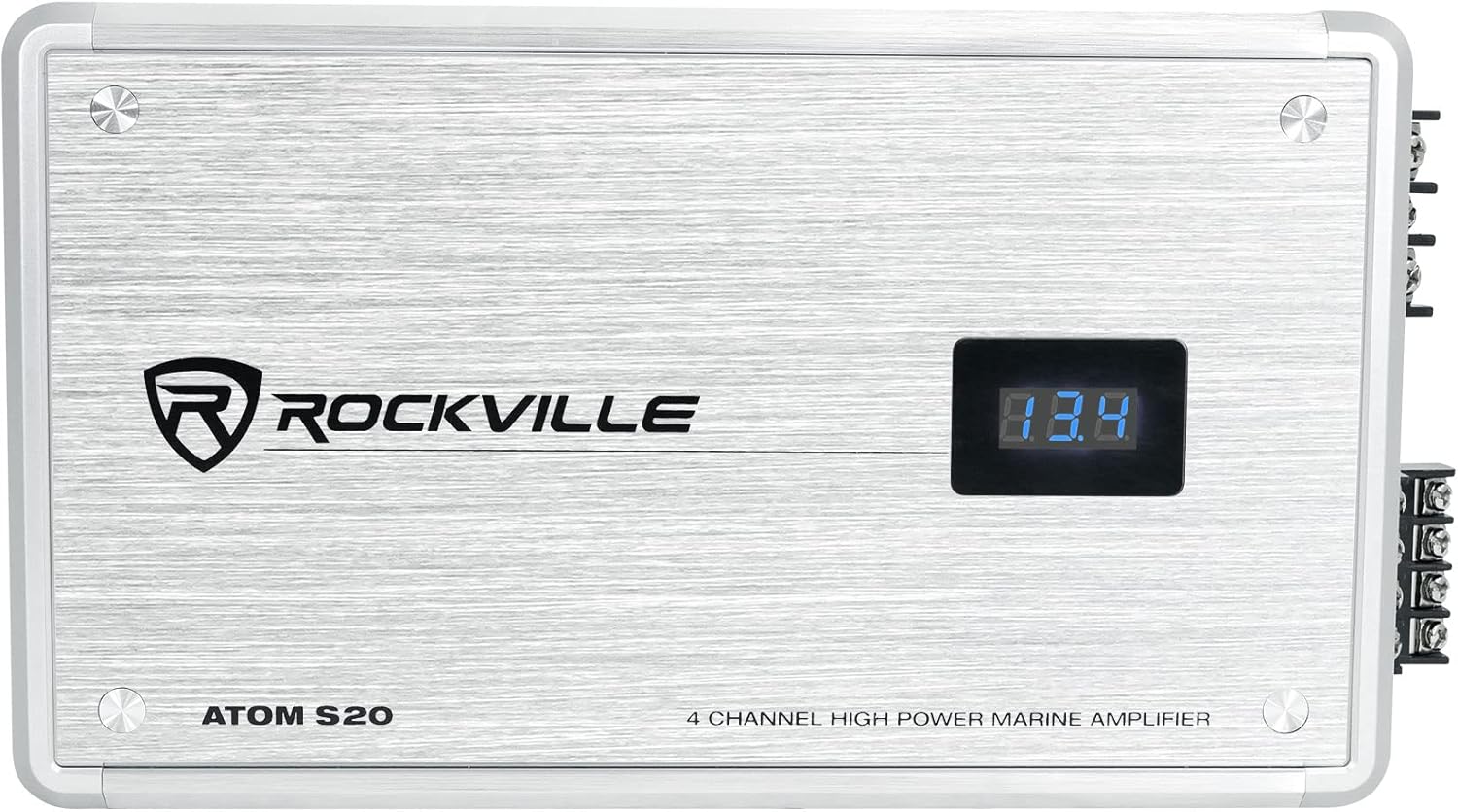 Rockville Atom S20 1600W 4-Channel Marine Amplifier with Bluetooth, PA Mic, Class AB, Adjustable Crossover, Rustproof, for Boats and Marine Sound Systems