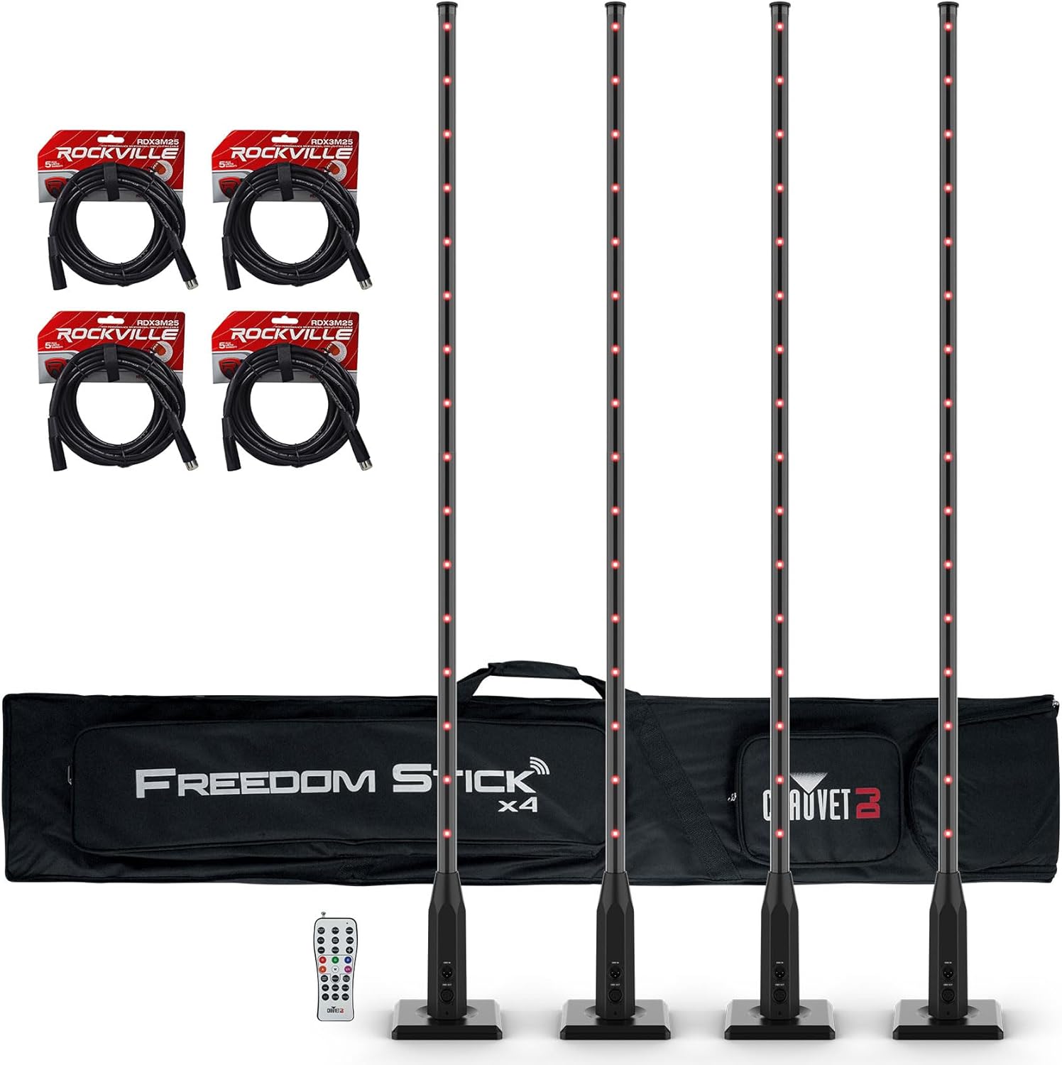 Audiosavings Bundle: Chauvet DJ Freedom Stick X4 (4) Wireless Battery RF LED DMX Light Sticks+Remote Bundle with (4) Rockville RDX3M25 25 Foot 3 Pin DMX Lighting Cable 100% OFC Copper (5 Items)