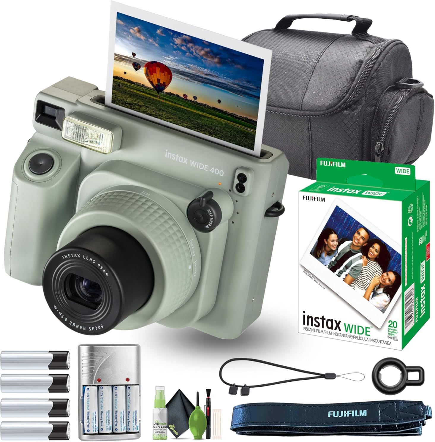 Fujifilm Instax Wide 400 Instant Film Camera Bundle with Fuji Instax Wide Instant Film Color Print (20 Sheets) + Travel Bag + Rechargeable Batteries with Charger and Lens Cleaning Kit