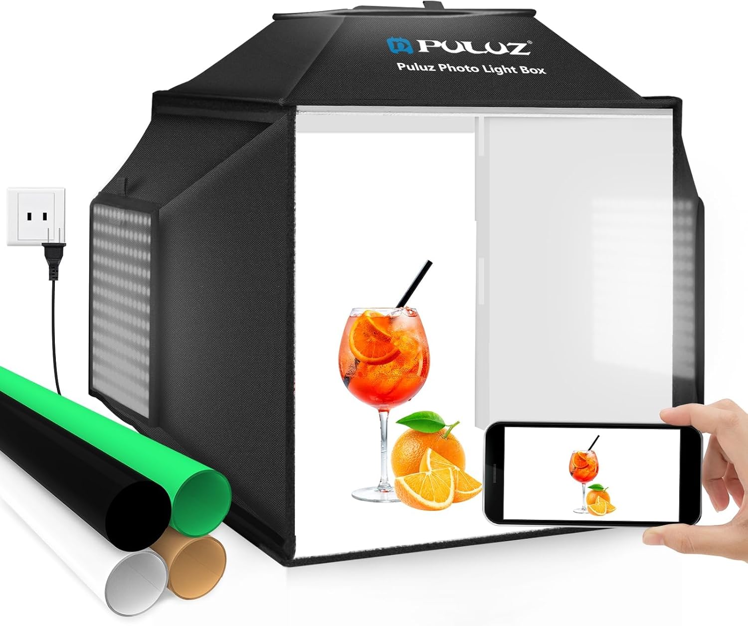 PULUZ 16x16 Inch Upgrade Photo Studio Light Box, Professional Dimmable Shooting Tent with 480 LED Lights & 4 PVC Backdrops, Portable Softbox for Jewelry, Small Product Photography