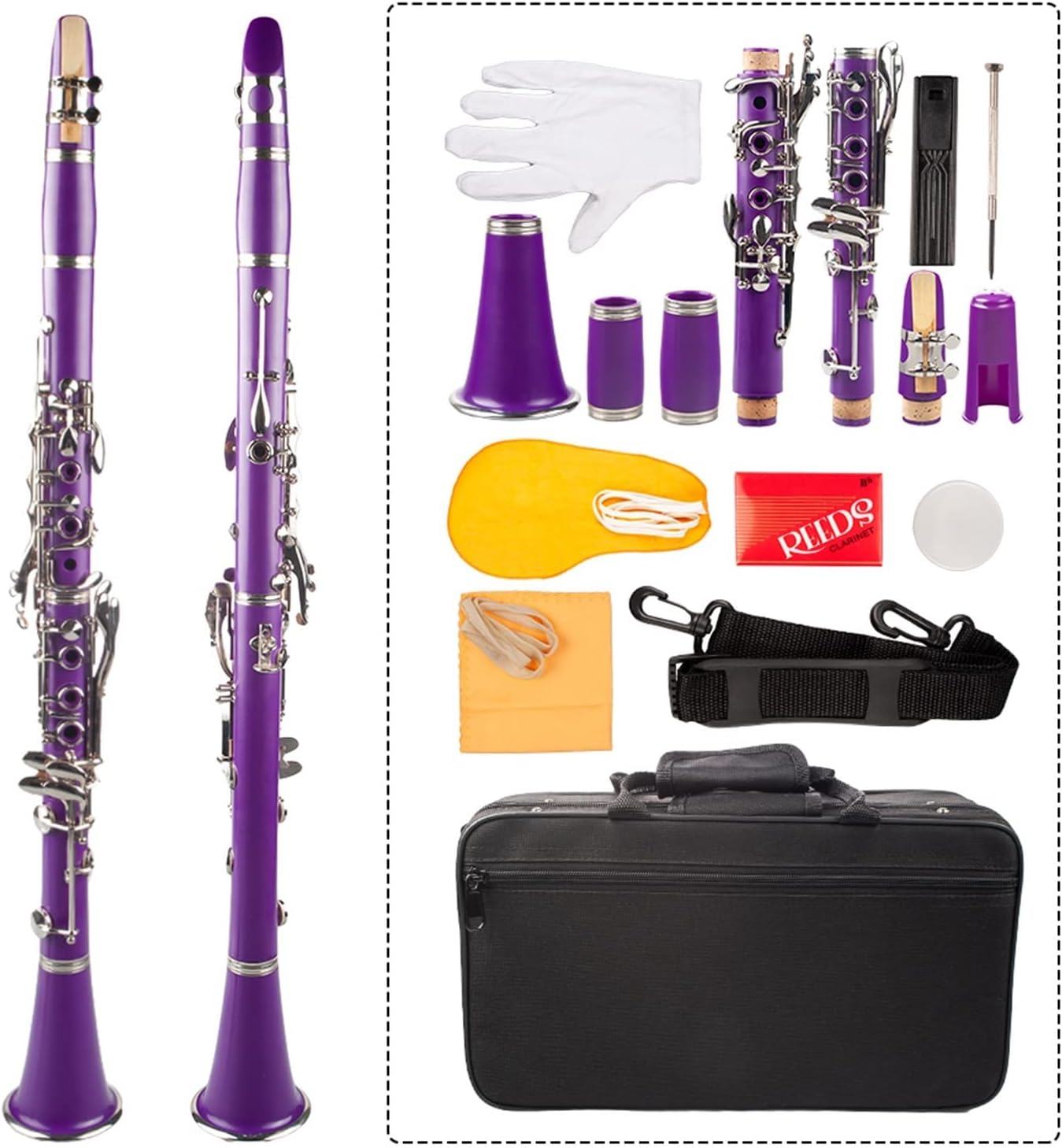 Purple ABS Clarinet Bb Cupronickel Plated Nickel 17 Key with Cleaning Cloth Gloves Screwdriver Woodwind Instrument Professional Clarinet