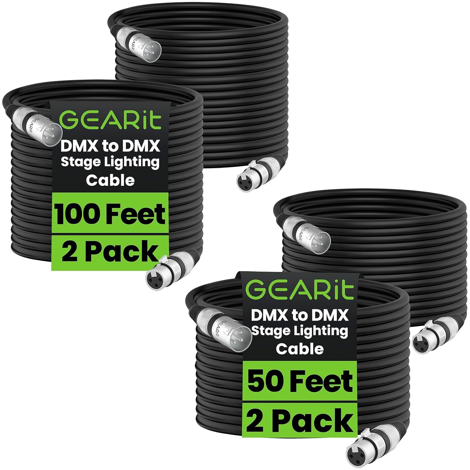 GEARit DMX to DMX Stage Lighting Cable (100 ft 2-Pack) Bundle (50 ft, 2-Pack), DMX Male to Female 3-Pin Balanced Shielded for DJ LED Moving Head Par Light, Mic Mixer, Recording Studio, Podcast