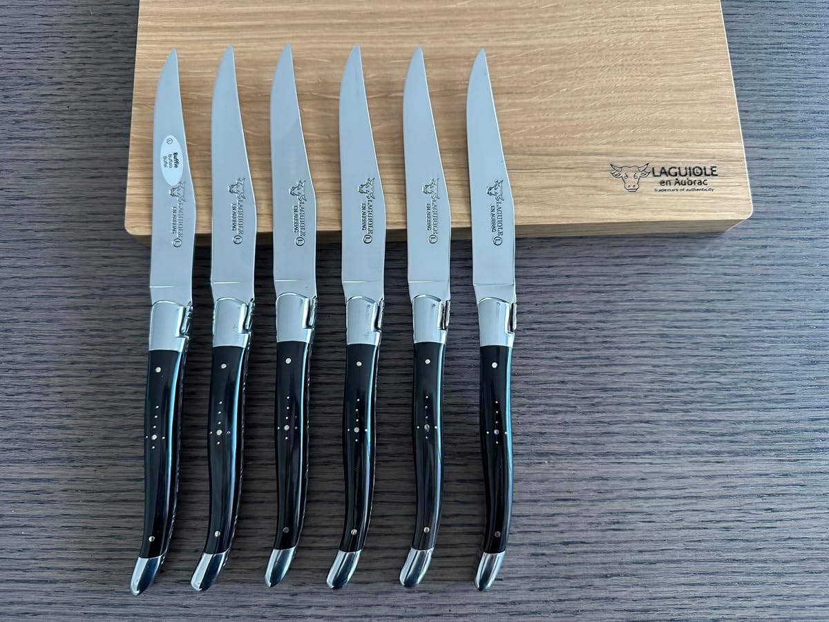 Laguiole en Aubrac Luxury Fully Forged Full Tang Stainless Steel Steak Knives 6-Piece Set with Buffalo Horn Handle, Stainless Steel Polished Bolsters, Made In France