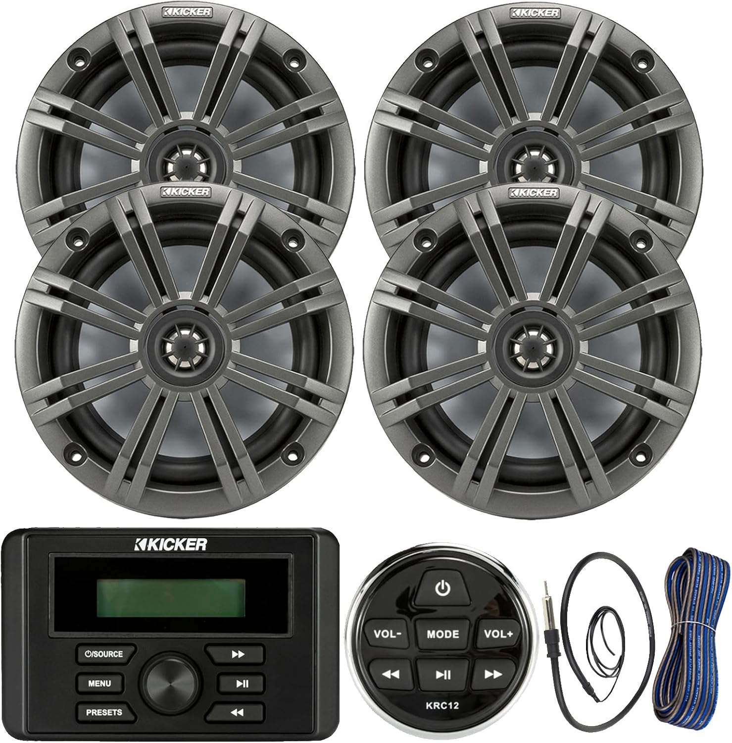 Kicker Weather-Resistant Marine Bluetooth USB RCA Stereo Receiver w/Remote Bundle with (Qty 4) 6.5