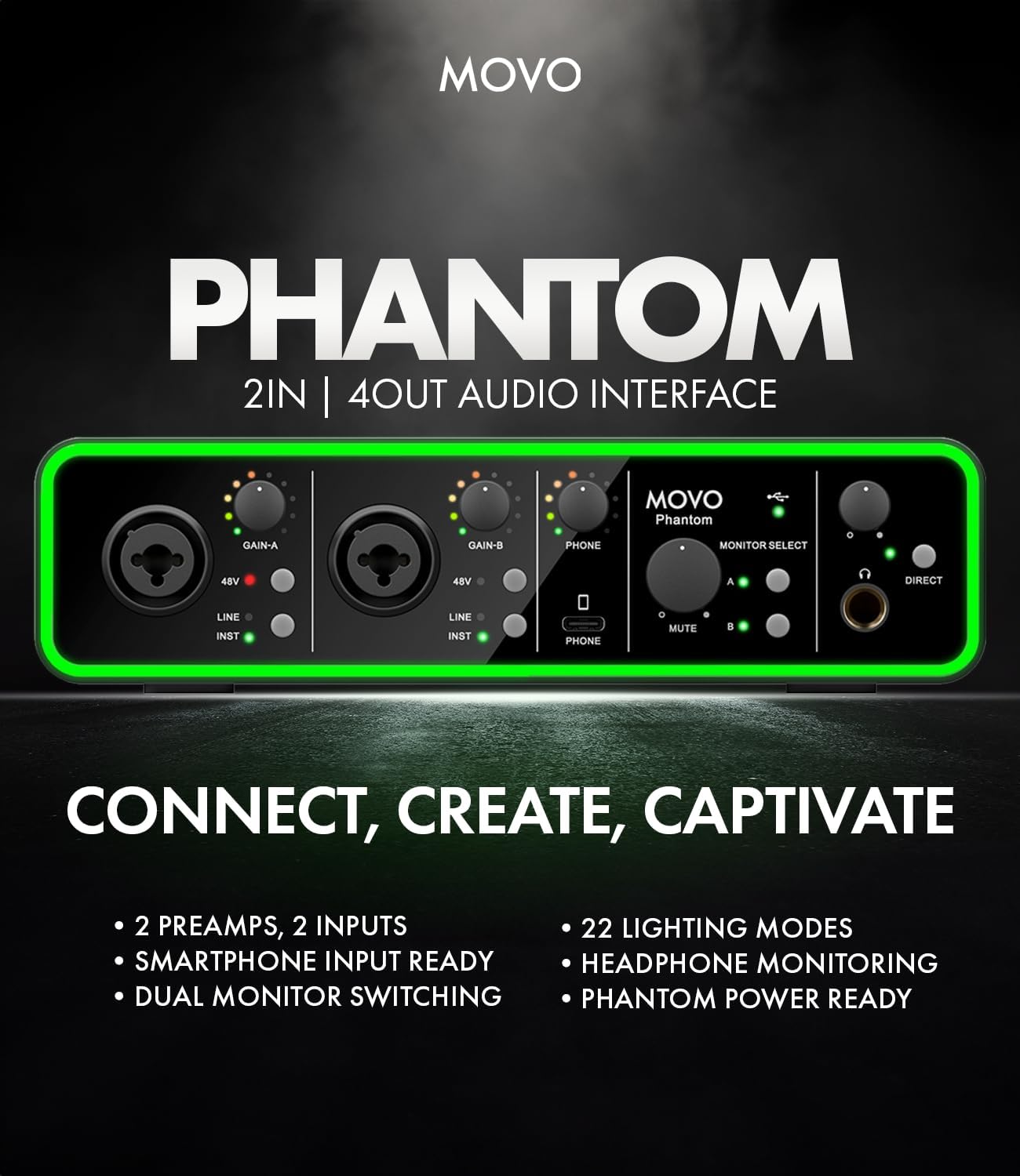 Movo Phantom Dual Channel USB/USB-C Audio Interface for Recording, Songwriting, Podcasting, Audio Production w/USB-C Smartphone Input Connection