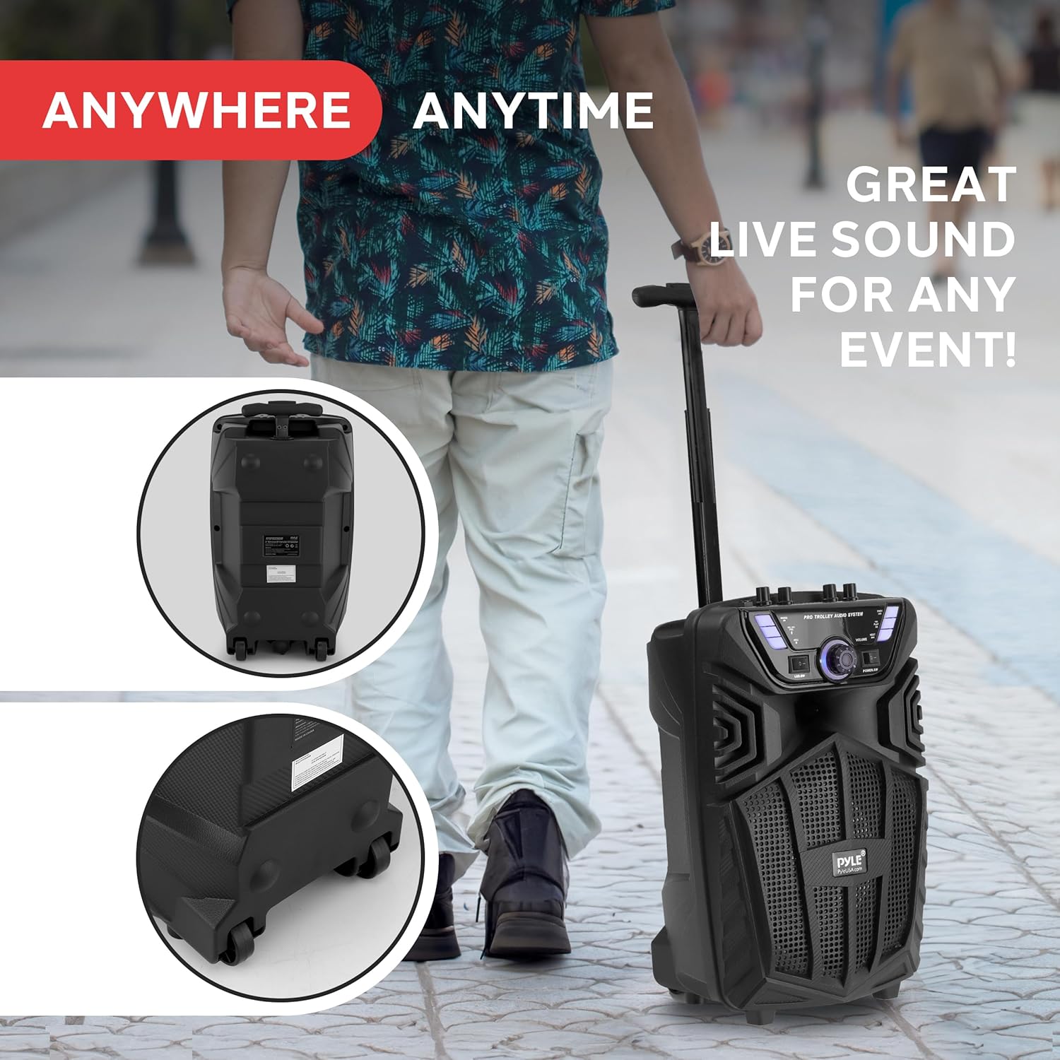 Pyle 480W Portable Bluetooth PA Speaker - 8” Rechargeable Outdoor Karaoke Speaker, Audio System w/Wireless Mic and Wheels, TWS, Party Lights, LED Display, 6.5mm Mic Input, FM/AUX/MP3/USB/SD