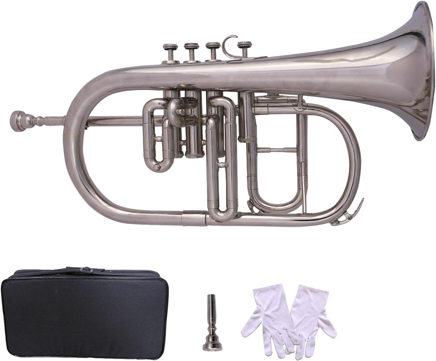 SM'Sai Musicals 4 Valve Flugel Horn With Mouthpiece And Hard Case For School Band Silver Flugel Horn BB Pitch Brass Musical Instrument For Orchestra Beginners Professionals For Kids Adults