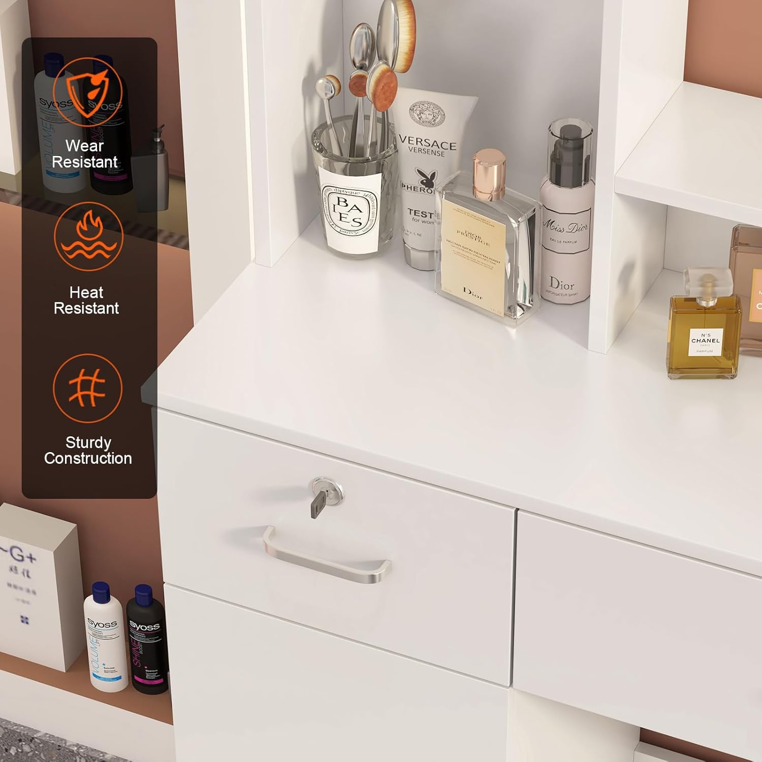 Salon Stations for Hair Stylist, Modern Locking Wall Mount Barber Hair Styling Station, Corner Salon Station Organizer Makeup Vanity for Bedroom, Bathroom, Hairdresser (White-1)