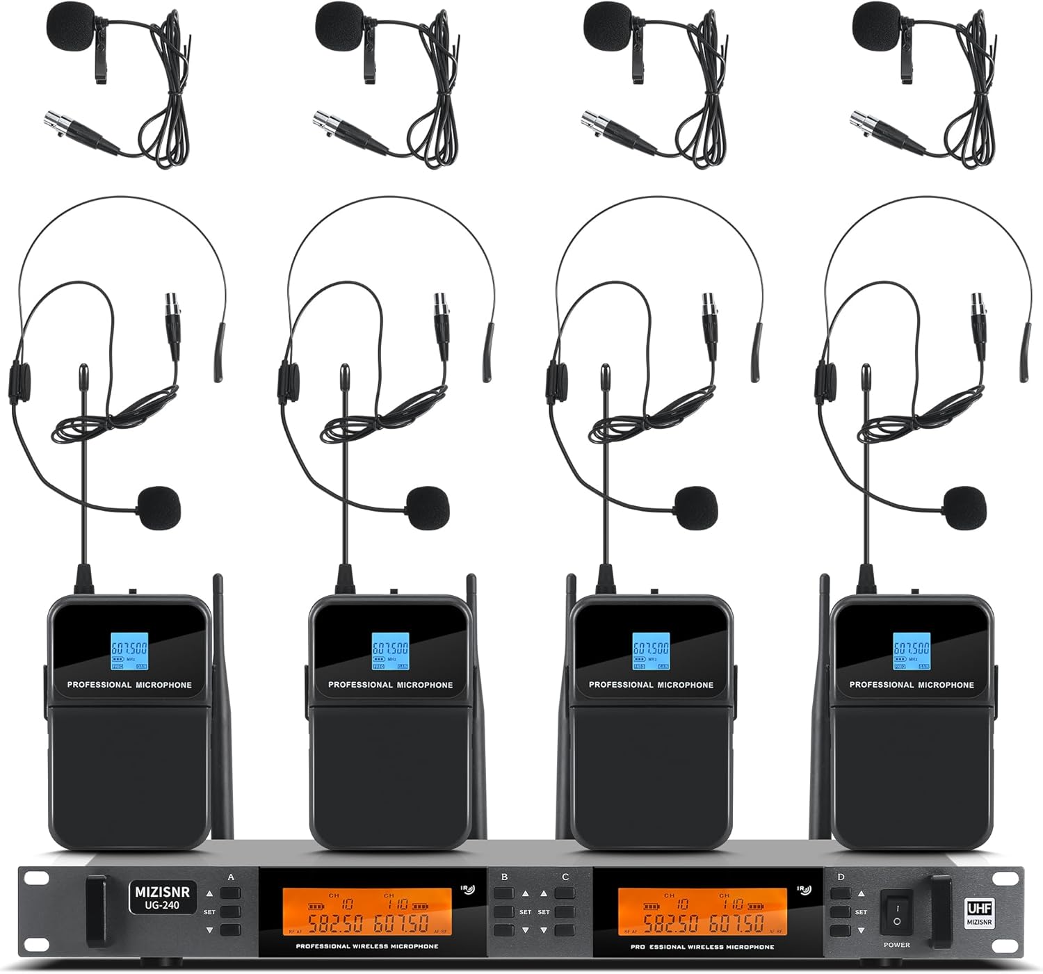 4 Channel Wireless Lapel Microphone System, UHF Metal Receiver Headset Lavalier Mics Set with 4x100 Adjustable Frequency 300ft Range for Church Karaoke Meeting Preaching(4 Bodypack, UG-240)