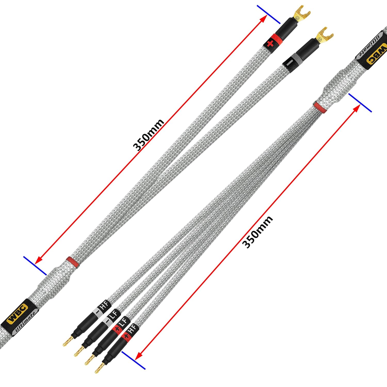 WORLDS BEST CABLES 3 Foot Ultimate - 9 AWG - Ultra-Pure OFC - Premium Audiophile HiFi Bi-Wire Speaker Cable Pair with Eminence Gold Spade (x2) & Banana (x4) Plugs & Silver Tweed Jacket