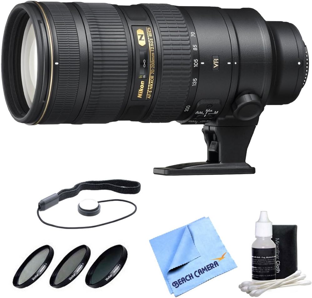 Beach Camera Nikon AF-S NIKKOR 70-200mm f/2.8G ED VR II Lens with Deluxe Filter Kit Bundle Includes Lens, 77mm Deluxe Filter Kit, Lens Cap Keeper, 3 Piece Lens Cleaning Kit Micro Fiber Cloth