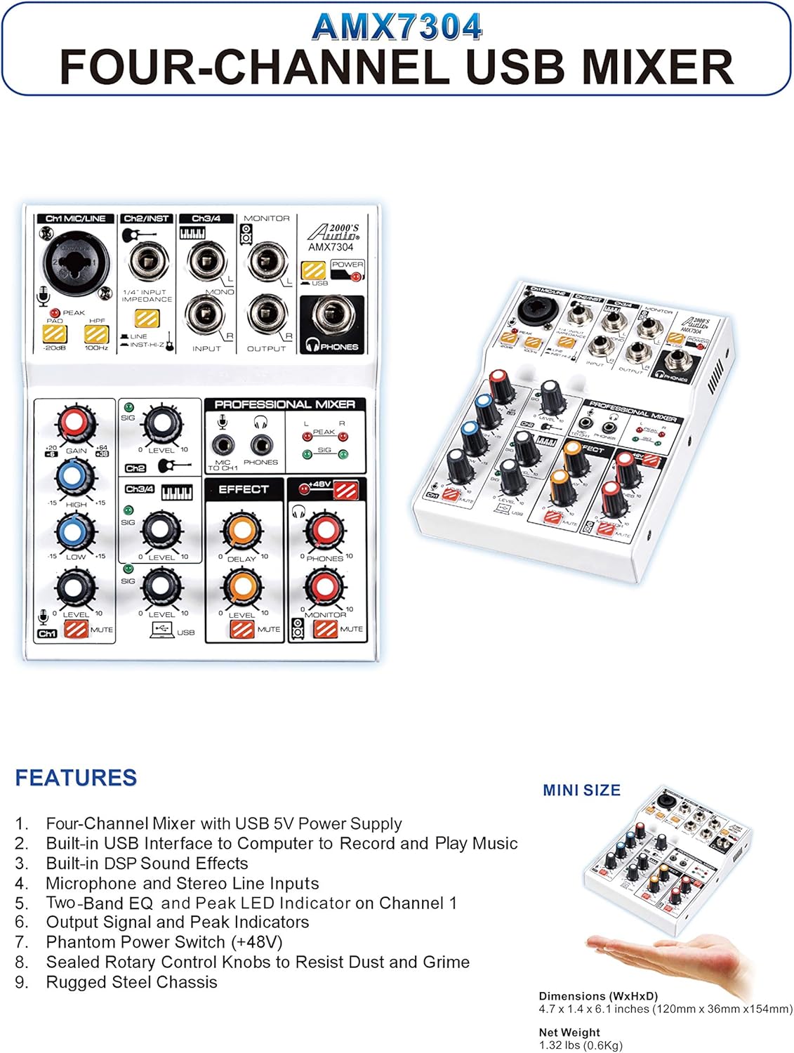 Audio2000'S S7304 USB-Powered Four-Channel Audio Mixer with USB Interface and Sound Effect