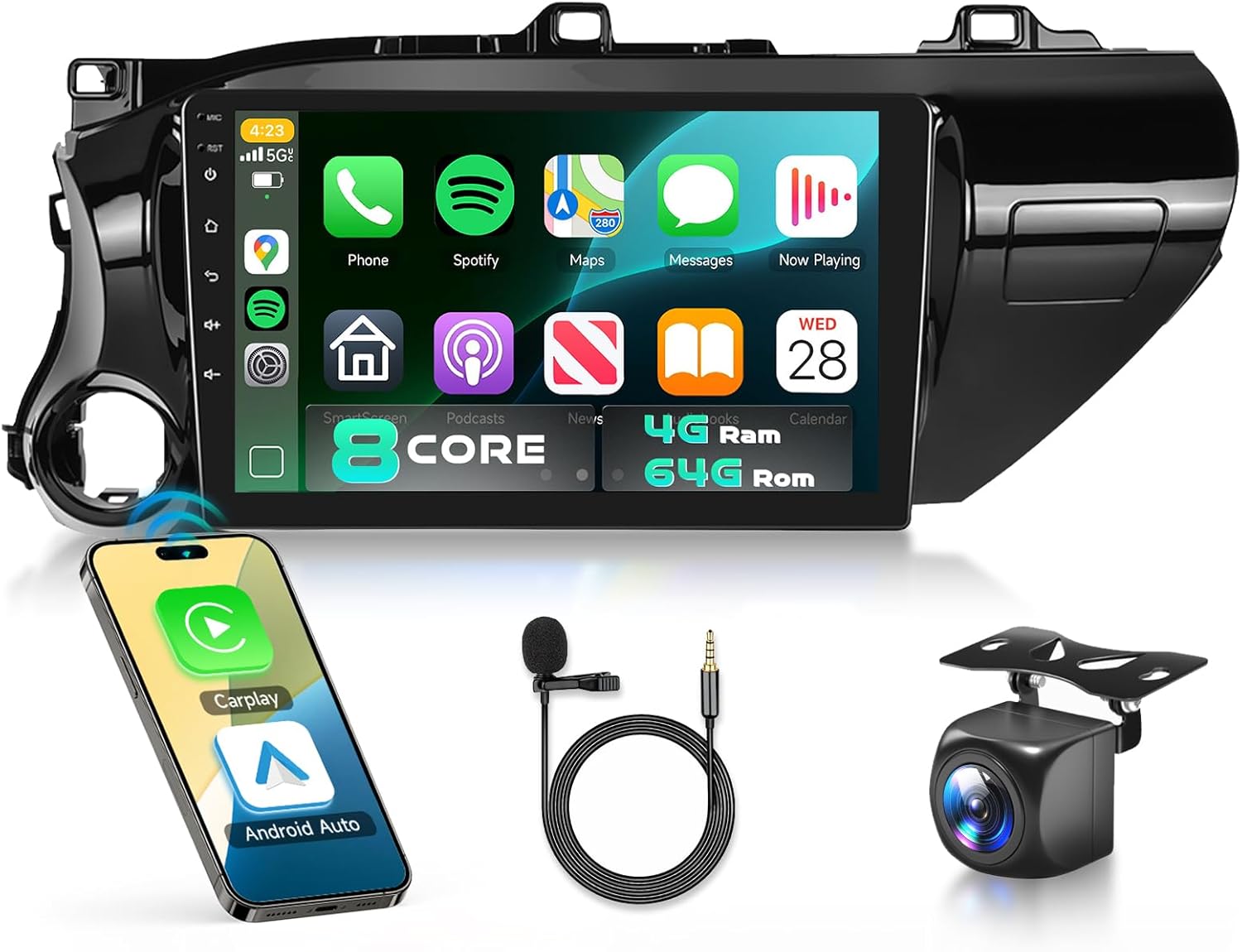 for Toyota Hilux 2015-2020 Car Stereo Radio with Snapdragon 8 Core 4GB+64GB 10.1 Inch IPS Touchscreen Wireless Carplay/Android Auto DSP Hi-Res 5/6GhzWiFi GPS Android 13 FM/RDS SWC Camera