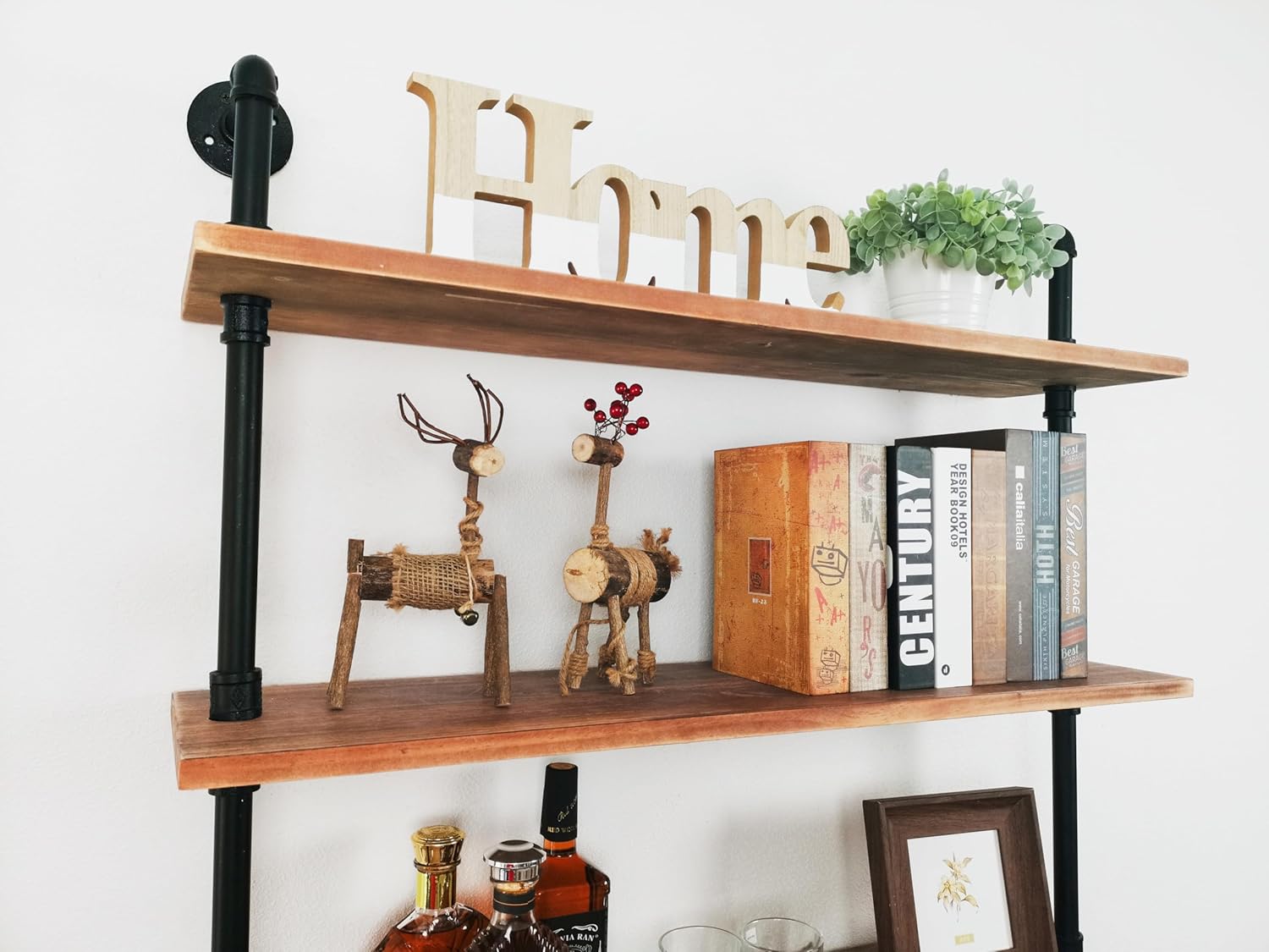 5 Tier Industrial Ladder Shelf Bookcase, Wall Mounted Wood Metal Pipe Rustic Bookshelf for Living Room (Weathered Brown, 10