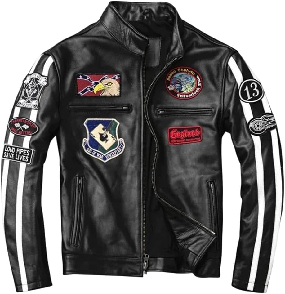 Men Sports Style Plus Size Genuine Natural Cowhide Stand Collar Slim Fit Black Autumn Leather Jacket Coat