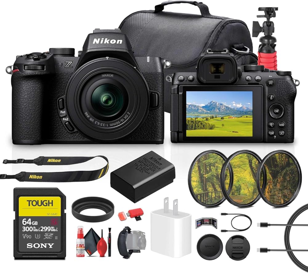 Nikon Z50 II Compact Mirrorless Camera with Nikon NIKKOR Z DX 16-50mm VR Lens (1786) + 64GB Memory Card + Camera Bag + Lens Filter Kit + Tripod + Cleaning Kit + USB-C Cable + More (Renewed)