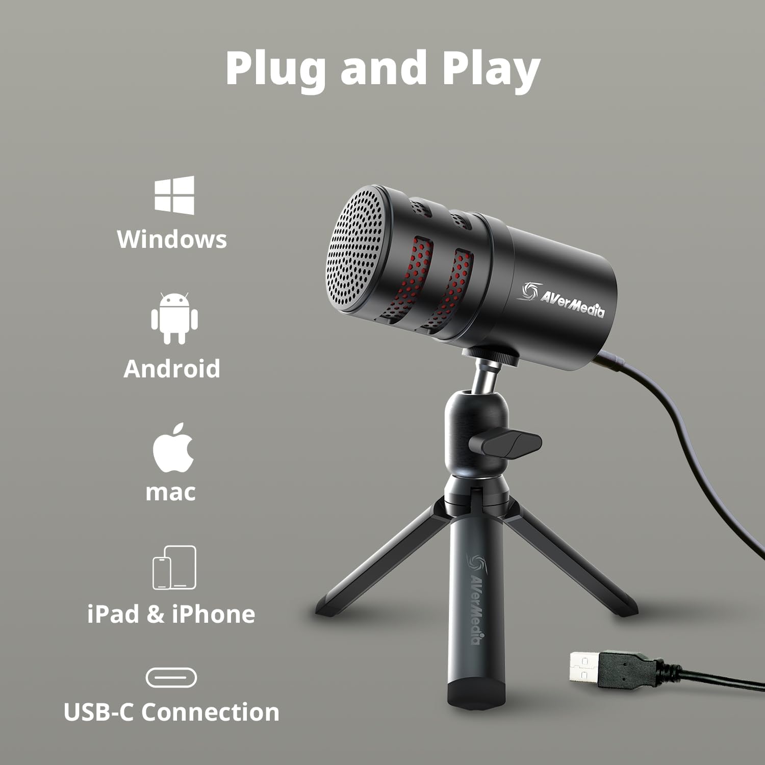 AVerMedia USB Mic for Streaming, Podcasting, Gaming with Cardioid Polar Pattern, Tripod Stand, Headphone Output, Mute Button, All Metal, for PC, Laptop, iPhone, and Android Phone - VERSATI go AM310G2