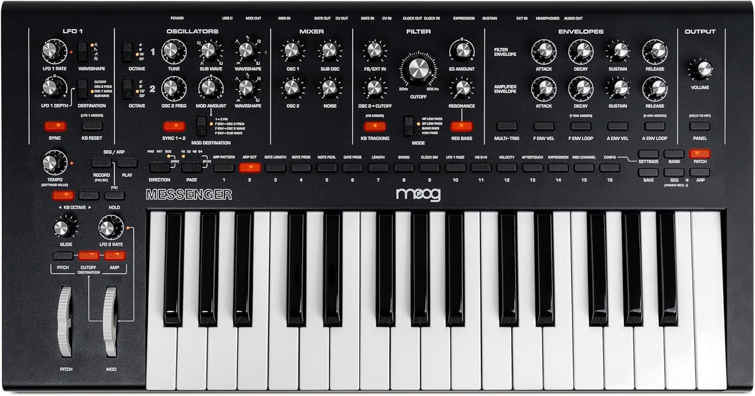 MOOG Messenger - Next-Gen Monophonic Analog Keyboard Synthesizer with 32 Keys, 64-Step Sequencer, 256 Presets and RES BASS Compensation