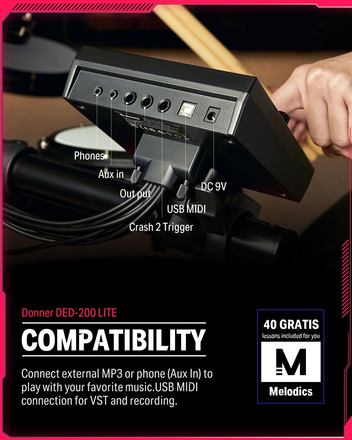 Electric Drums, Donner DED-200 LITE Electronic Drum Kit for Beginner with 450+ Sounds, USB MIDI, Quiet Mesh Pads, Throne, Headphones, Sticks and 40 Melodics Lessons