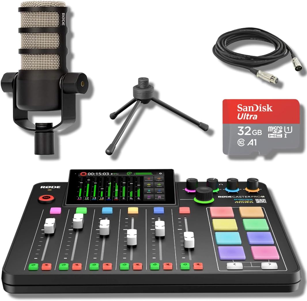 Rode RODECaster Pro 2 with Rode PodMic Dynamic Podcasting Microphone, Desktop Microphone Stand, 32GB microSD Card, XLR Cable and StreamEye Cloth (One-Person Bundle)