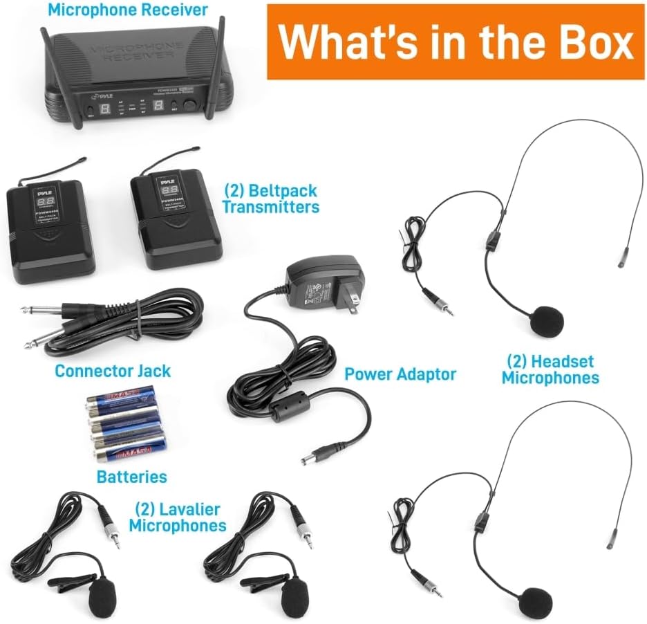 Pyle 2 Channel Wireless Microphone System - Portable UHF Digital Audio Mic Set with 2 Headset, 2 Lavalier lapel, 2 Transmitter, ¼’’ cable, power adapter - For Karaoke, PA, DJ, - PDWM3400,Black