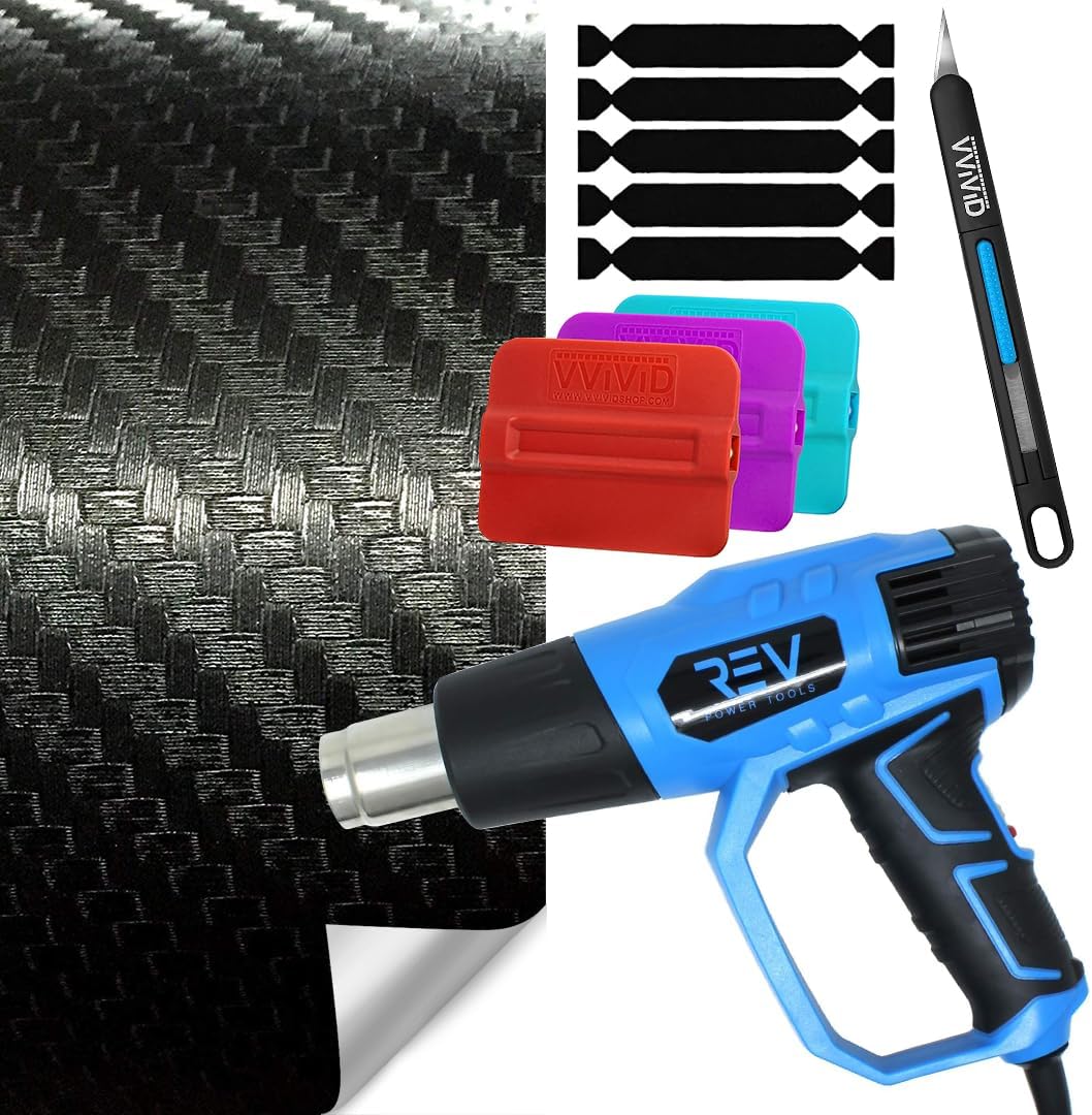 VViViD Black Carbon Fiber (25ft x 5ft) Automotive Vinyl Wrap Bundle + Heat Gun + Precision Gliding Knife (5 Replacement Blades) + 3 pcs Magnetic Squeegee + 5 Felts - M0