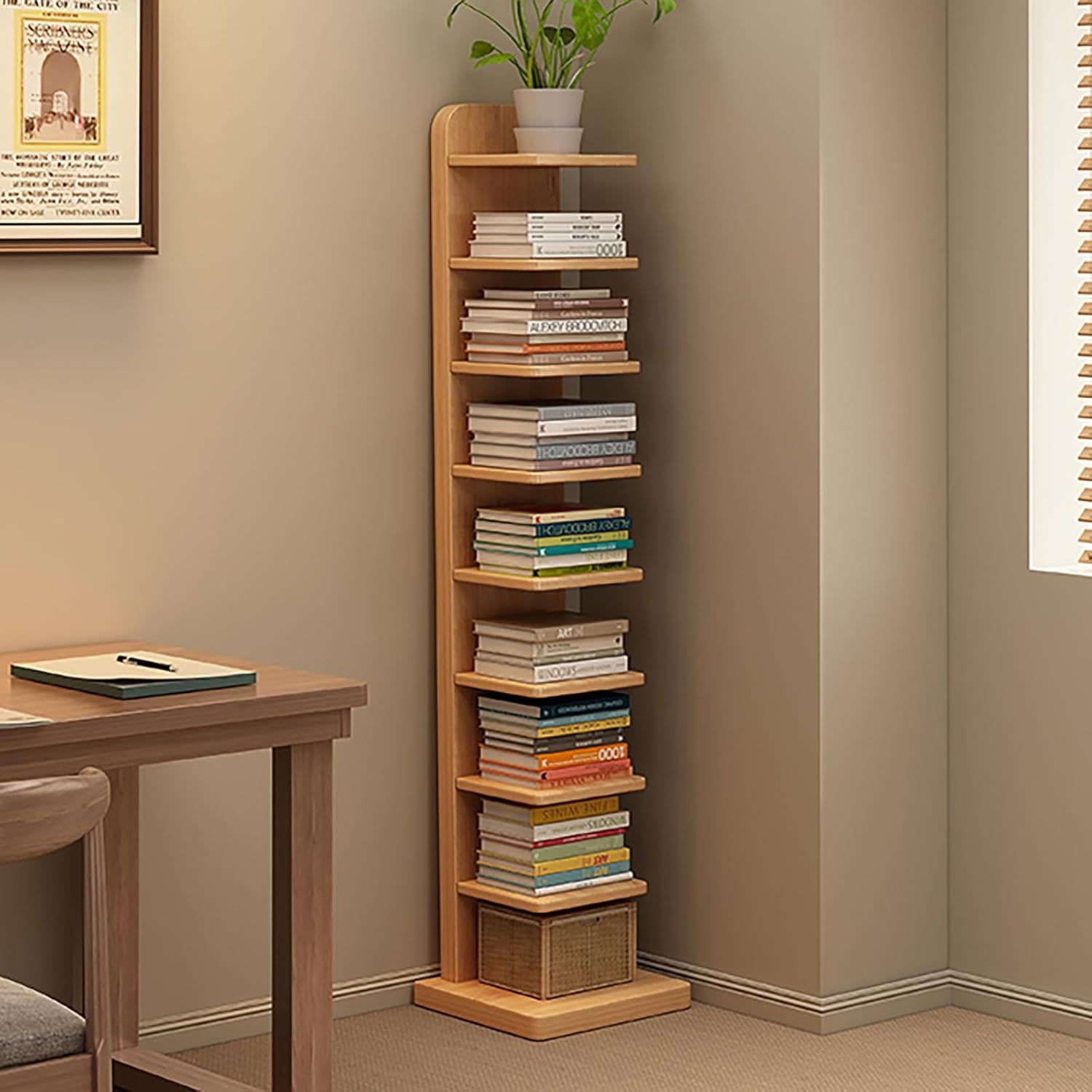 Vertical Spine Bookshelf Tower Solid Wood Open Book Shelf, 5/9-Tier Spine Book Tower Invisible Floating Storage Shelves, Small Bookcase for Small Space(Yellow,87cm/34in)