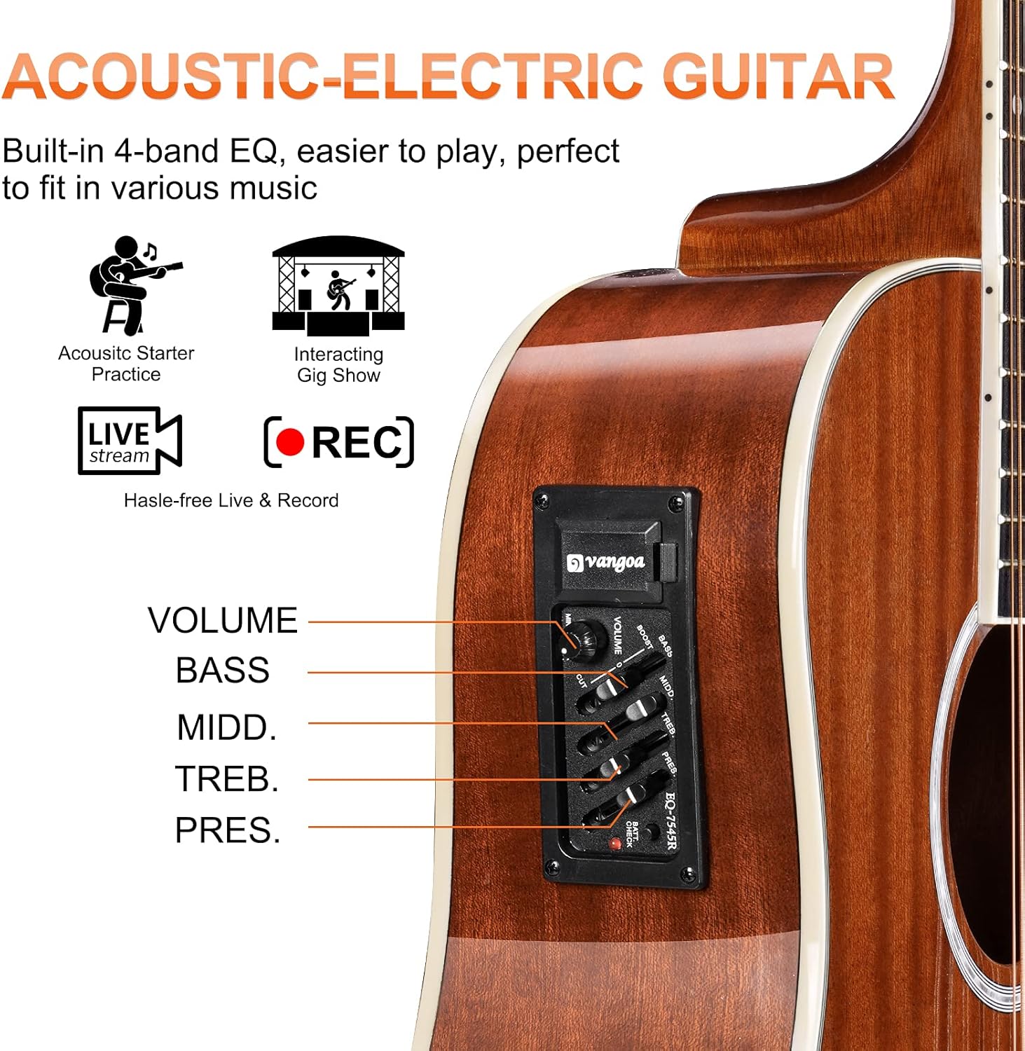 Vangoa 12 String Guitar, Twelve String Guitar Acoustic Electric Cutaway Guitarr Bundle, Black and Brown