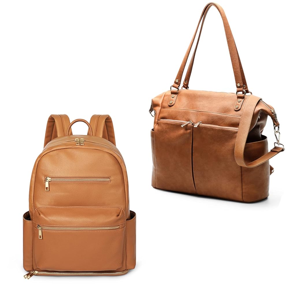 MOMINSIDE Diaper Bag Tote Leather Diaper Bag Backpack for Mom Dad Large Travel Diaper Tote Baby Bag for Boys Girls with 4 Insulated Pockets, Changing Station, Shoulder Straps