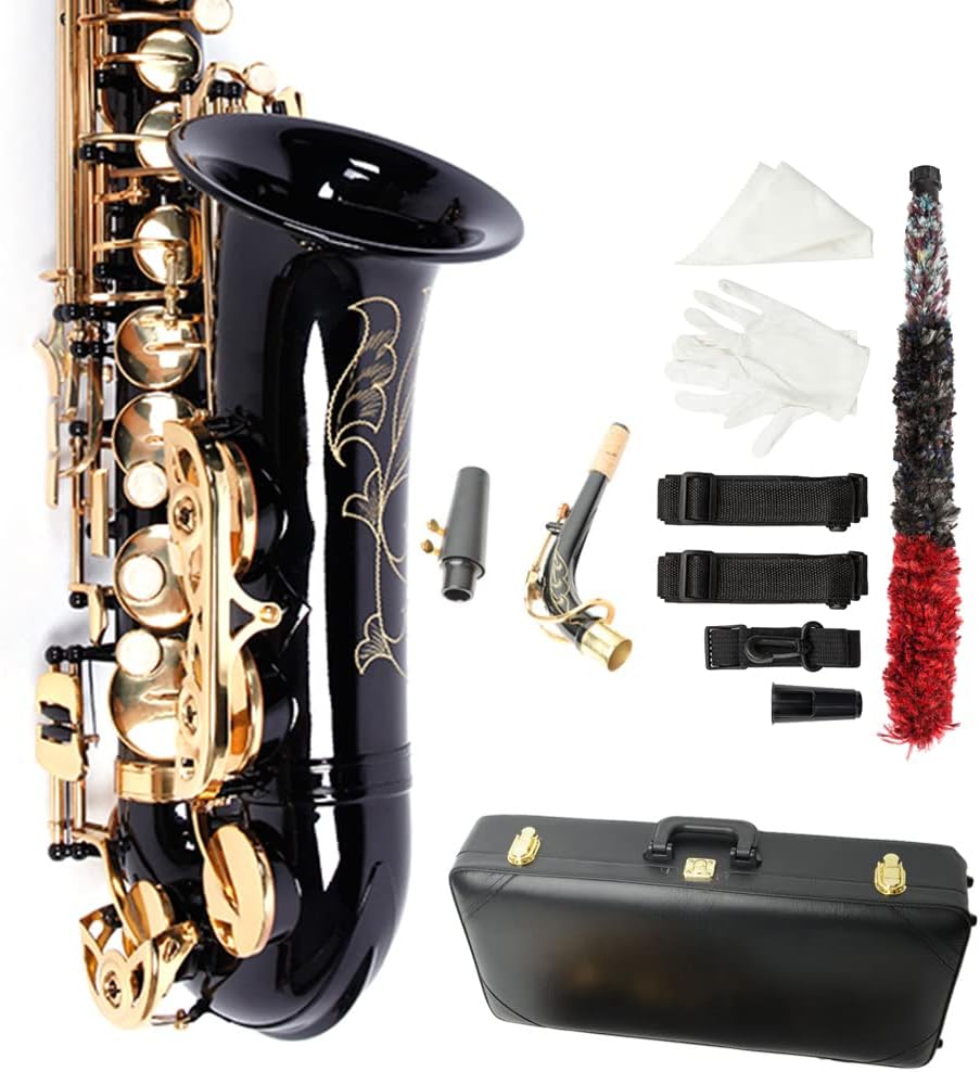 Ktaxon Alto Saxophone Drop E Brass Sax Full Kit for Student Beginners with Carving, Mouthpiece, Carrying Case, Gloves, Cleaning Cloth Bar, Detachable Strap, Shoulder Strap, Reed