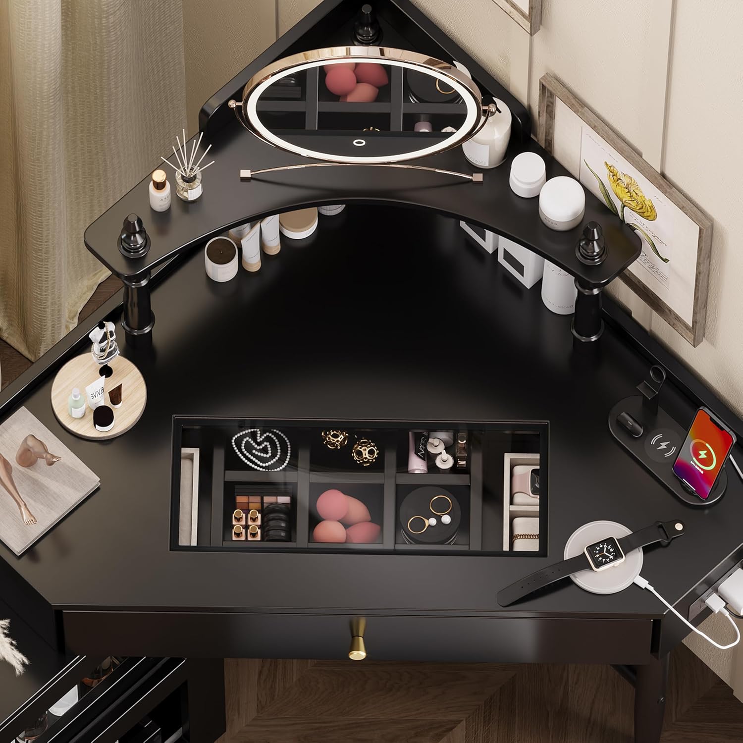 Corner Vanity Desk with Drawers, Corner Makeup Vanity with Storage Cushioned Stool & Charging Station, Wooden Makup Desk with Removable Pull-Out Side Cabinet & Storage Shelf, Black