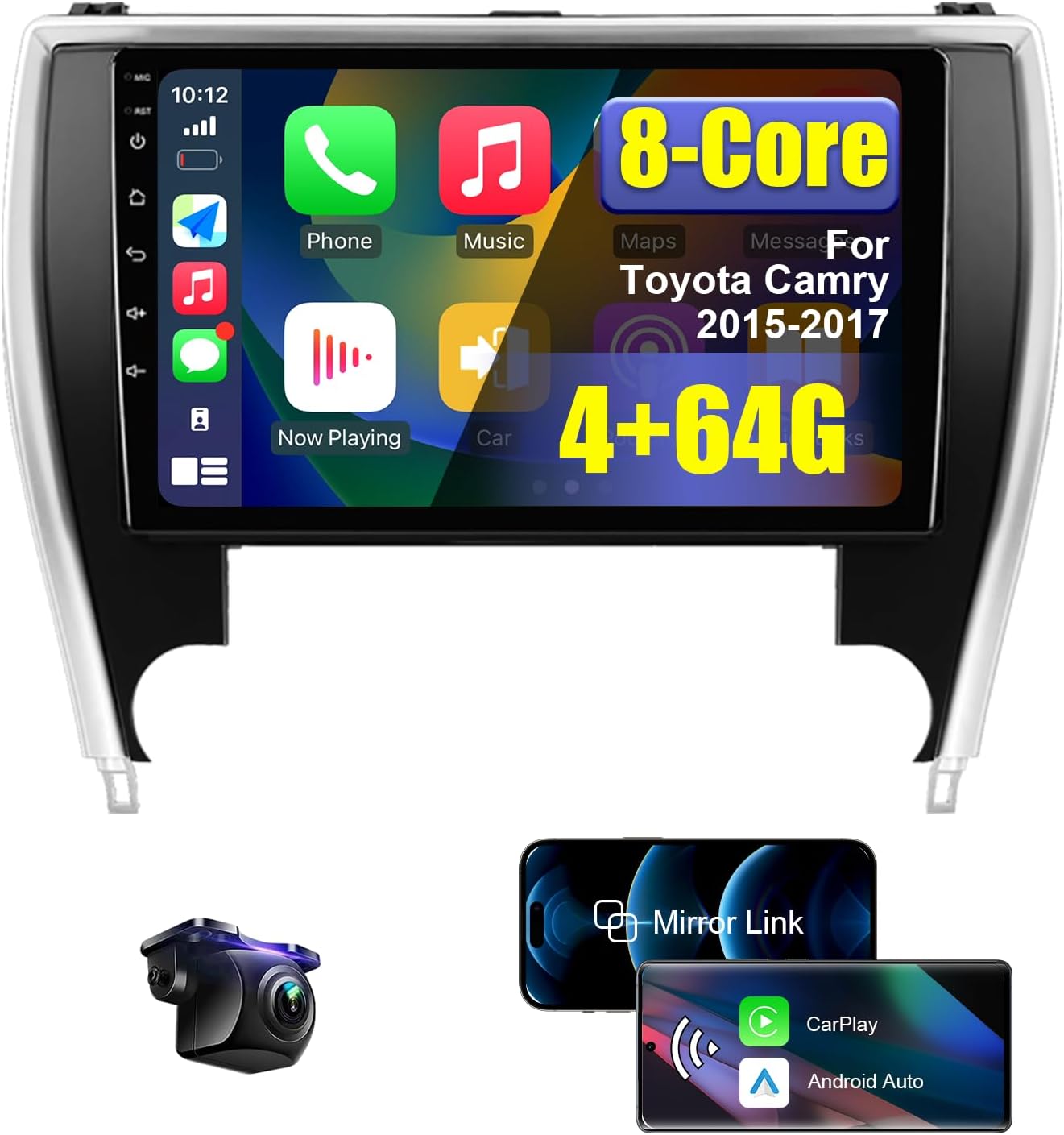 4+64G Upgraded Android 14 Car Radio Stereo for Toyota Camry 2015 2016 2017 with Wireless CarPlay/Android Auto, 10.1 inch HD Touchscreen Car Radio with Backup Camera AM/FM/RDS WiFi GPS SWC