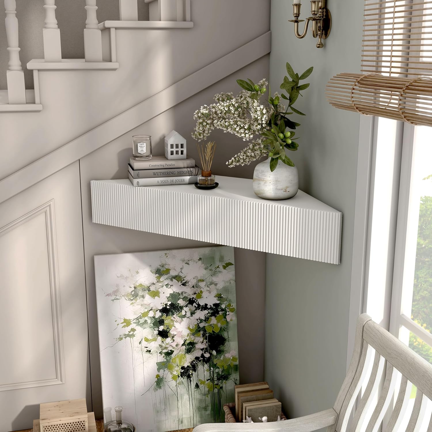 24/7 Shop at Home French 47 inch Modern Floating TV Console Table with 3D Wavy Panel Door, Wood Entertainment Center with Storage Space, Wall Corner Shelf for Living Room, Bedroom, Office, White Pure