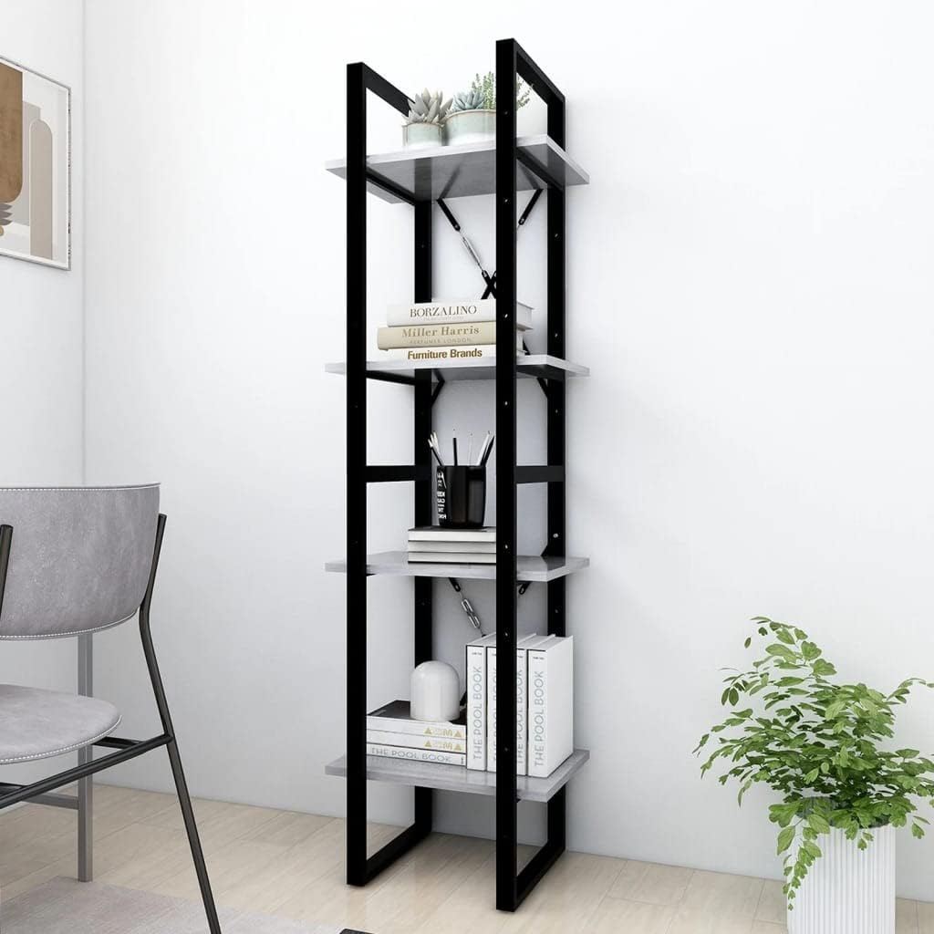 Concrete Gray Book Cabinet, Black Engineered Wood, Metal Frame, 4-Tier Industrial Shelving Unit, 11.8x15.7x55.1in Display Case for Living Room, Office Storage