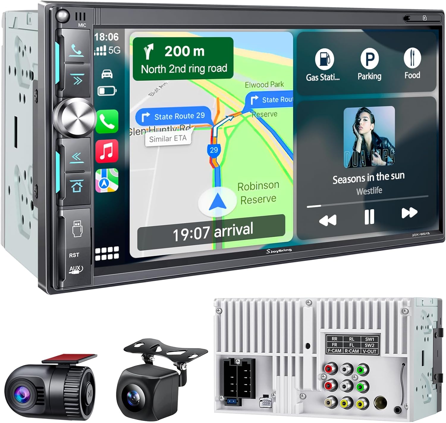 SJoyBring QLED Double Din Car Stereo with Dash Cam & Backup Camera, Wireless Apple CarPlay & Android Auto, Bluetooth, 4.2-Ch 2 Subwoofers Outputs, 7 inch Touchscreen, MirrorLink, FM/AM Radio