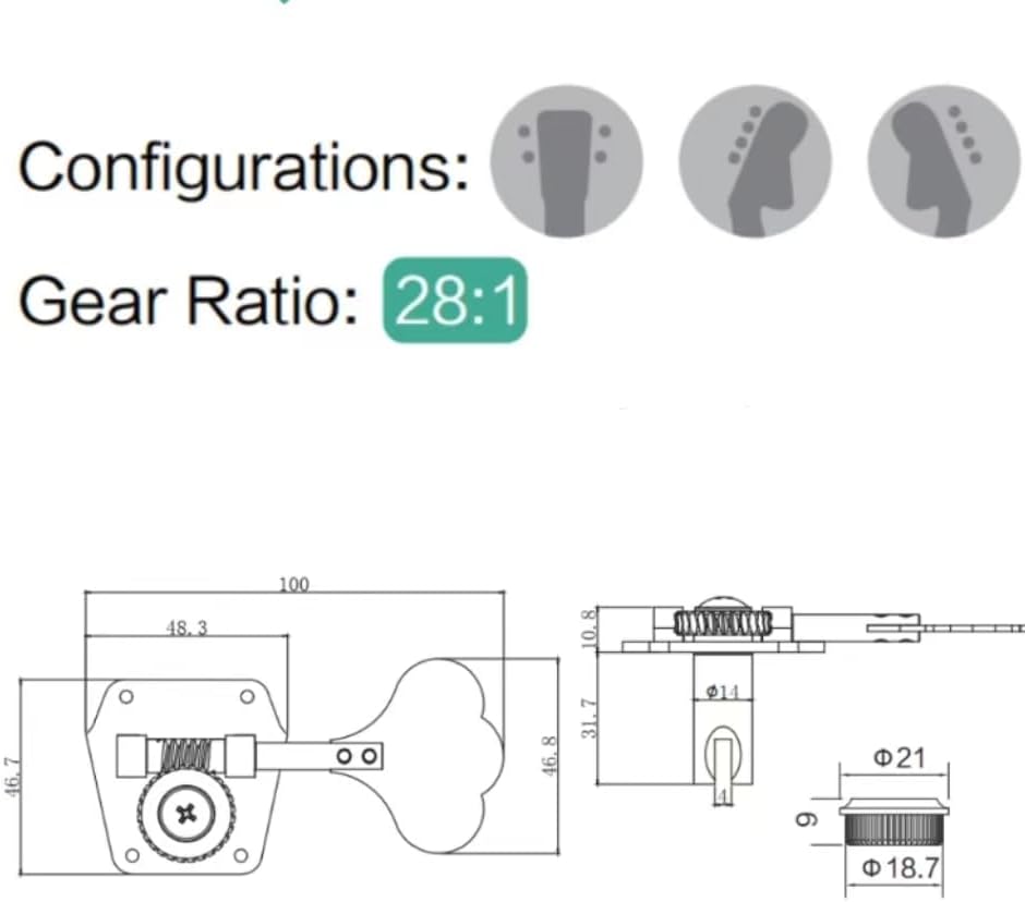 Guyker Carbon Fiber Bass Machine Head (3R + 2L) - 1:28 Ratio Gear Open Frame Tuners Tuning Key Pegs Replacement for Electric Jazz Guitar Bass or Precision Instruments, Gold