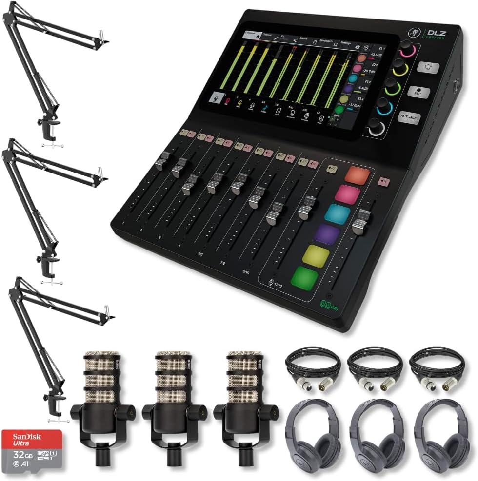Mackie DLZ Creator Adaptive Digital Mixer for Podcasting, Content Creation and Streaming with 3x Rode Podmic, StreamEye BOOMARM1, Monitoring Headphones and Essential Accessories